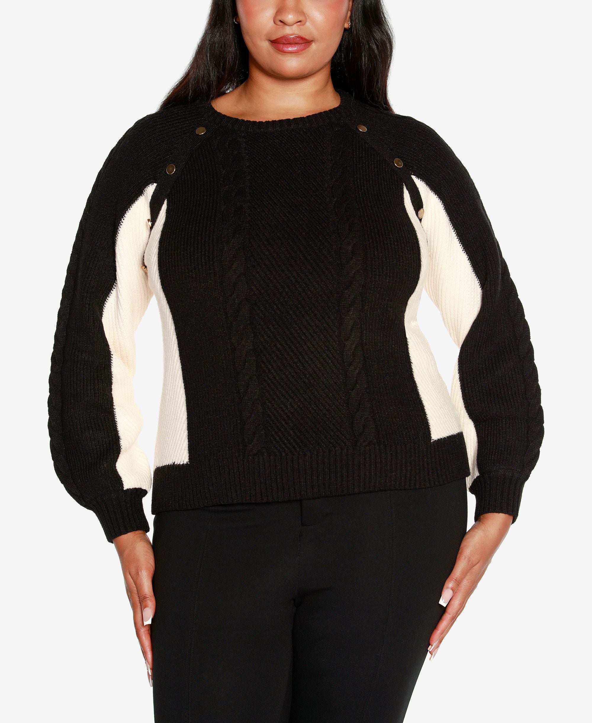 Black Label Plus Size Colorblock Cable Knit Sweater