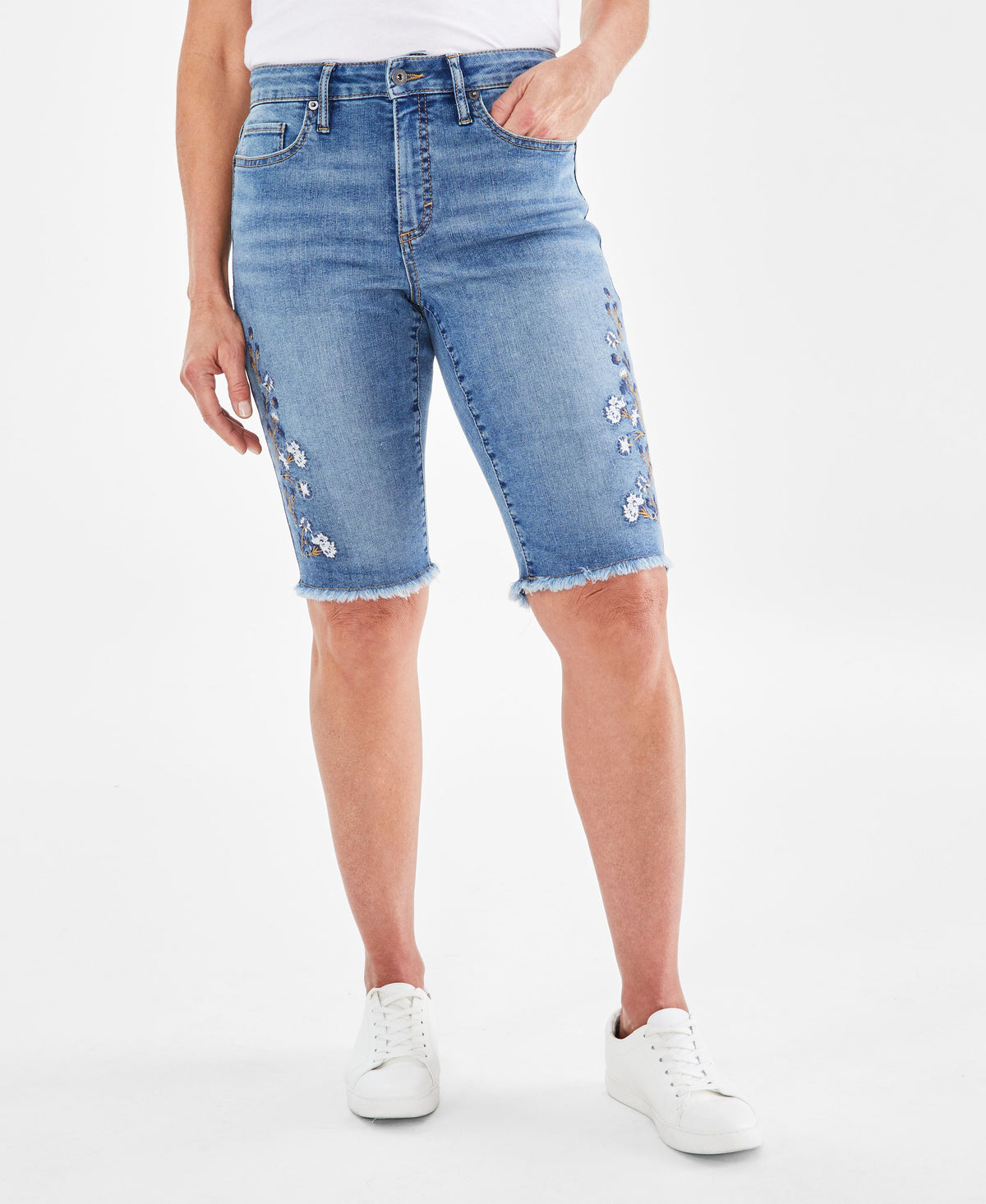Petite Embroidered Raw-Edge Denim Bermuda Shorts