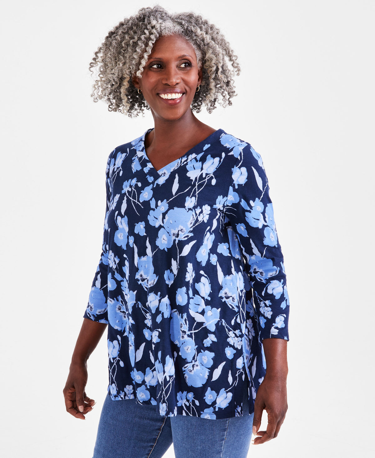 Petite Tonal Floral 3/4-Sleeve V-Neck Tunic
