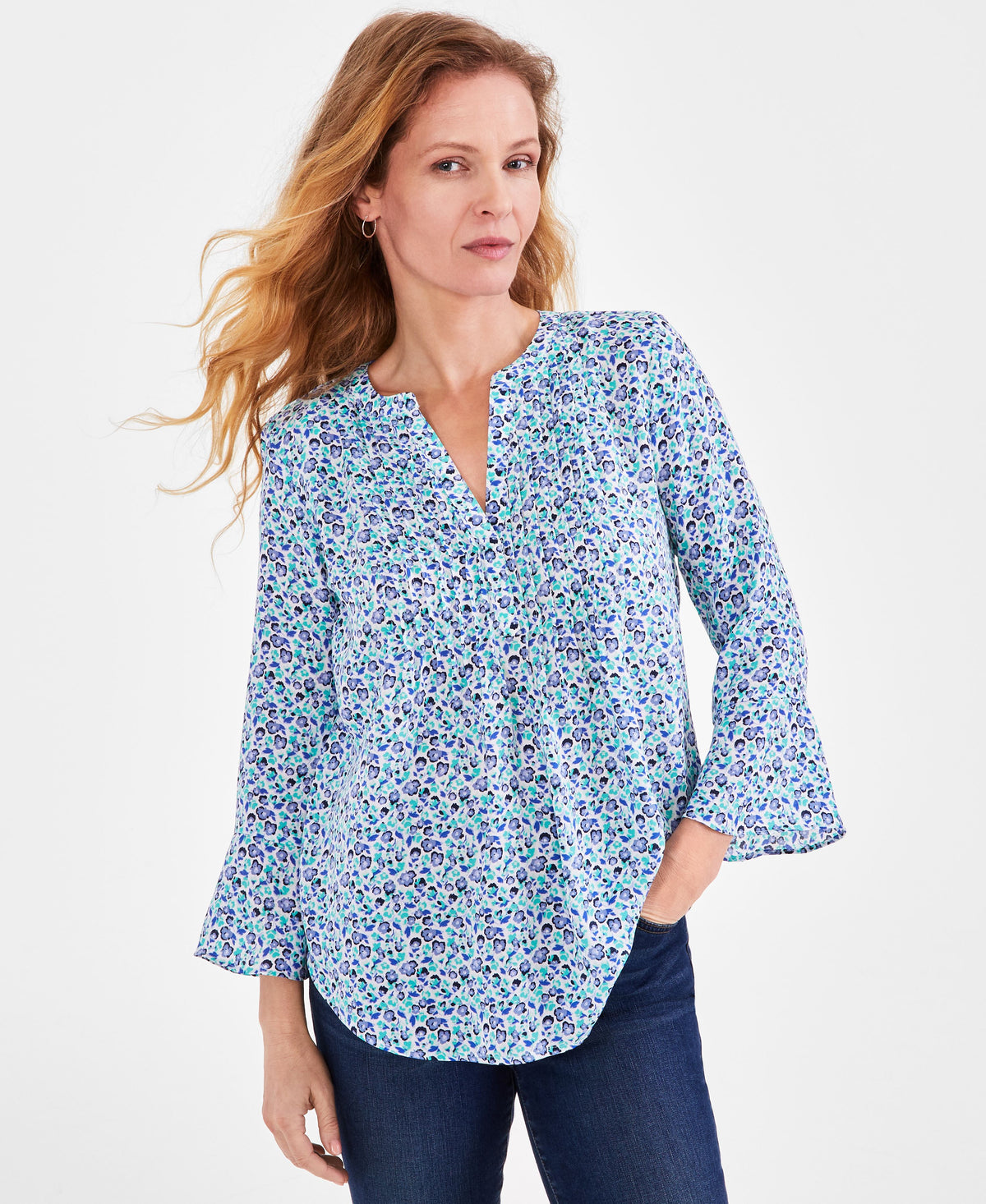 Women's Printed Pintuck Ruffle Sleeve Top, Regular & Petite