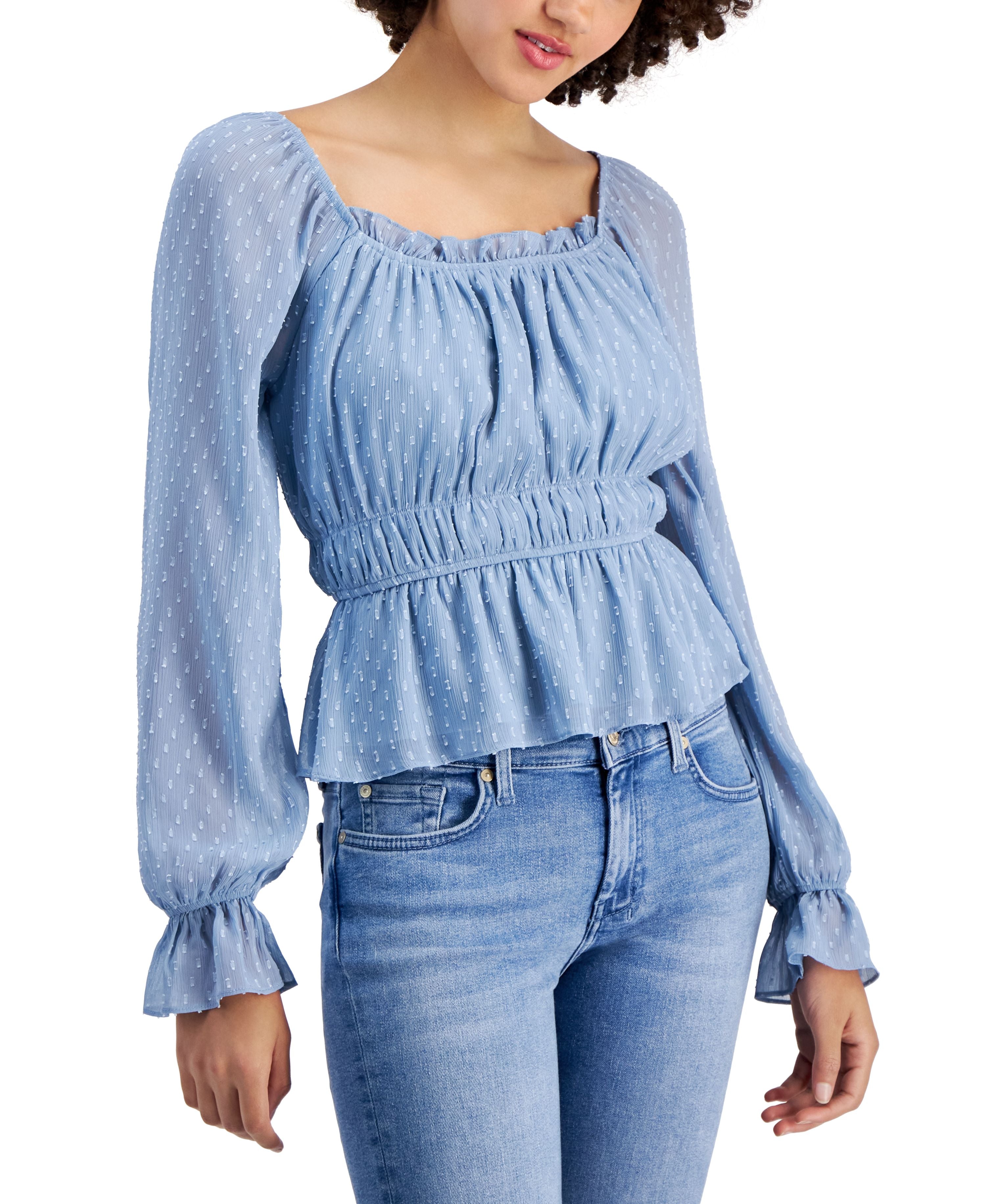 Juniors' Long-Sleeve Ruched Peplum Top