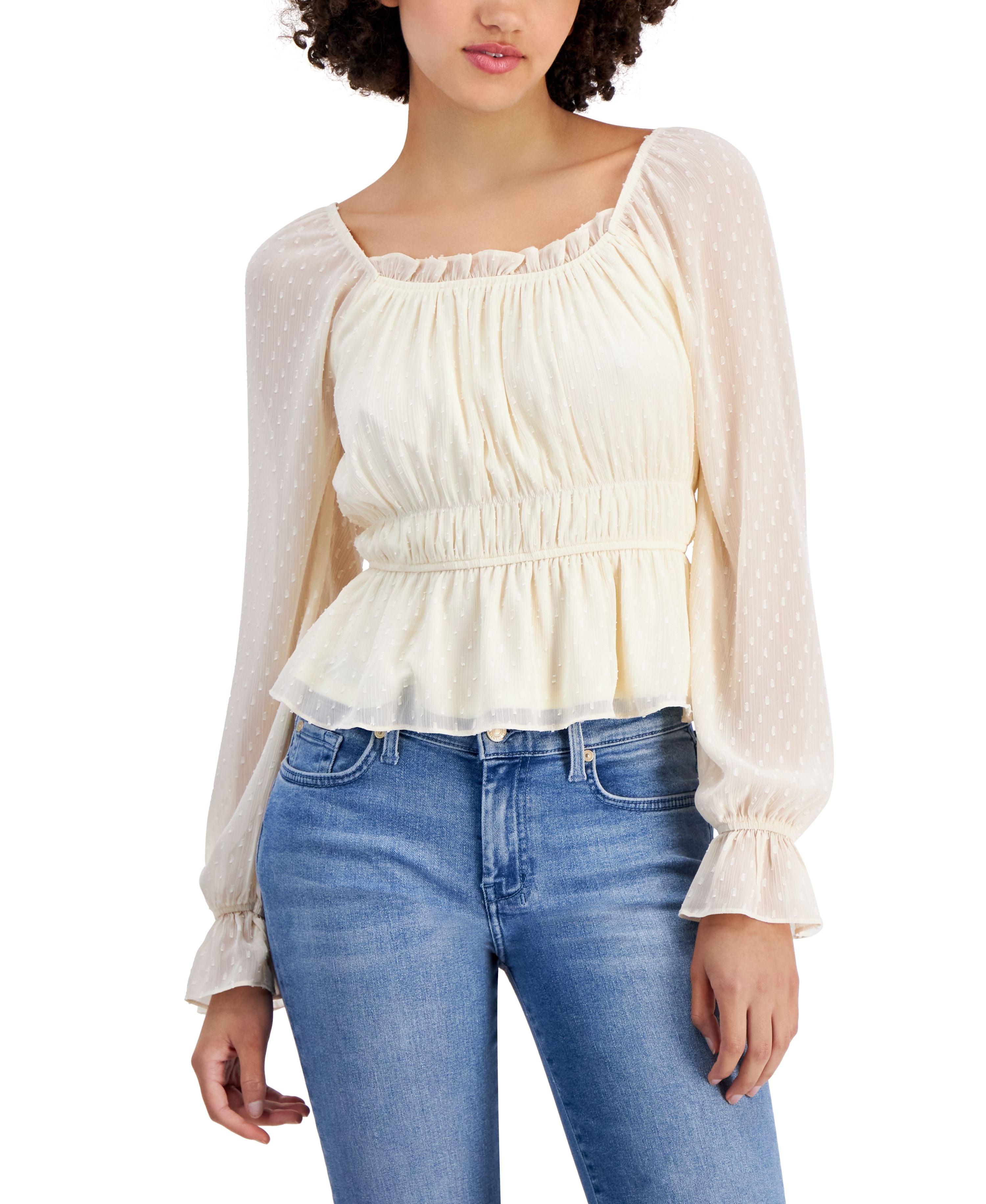 Juniors' Long-Sleeve Ruched Peplum Top