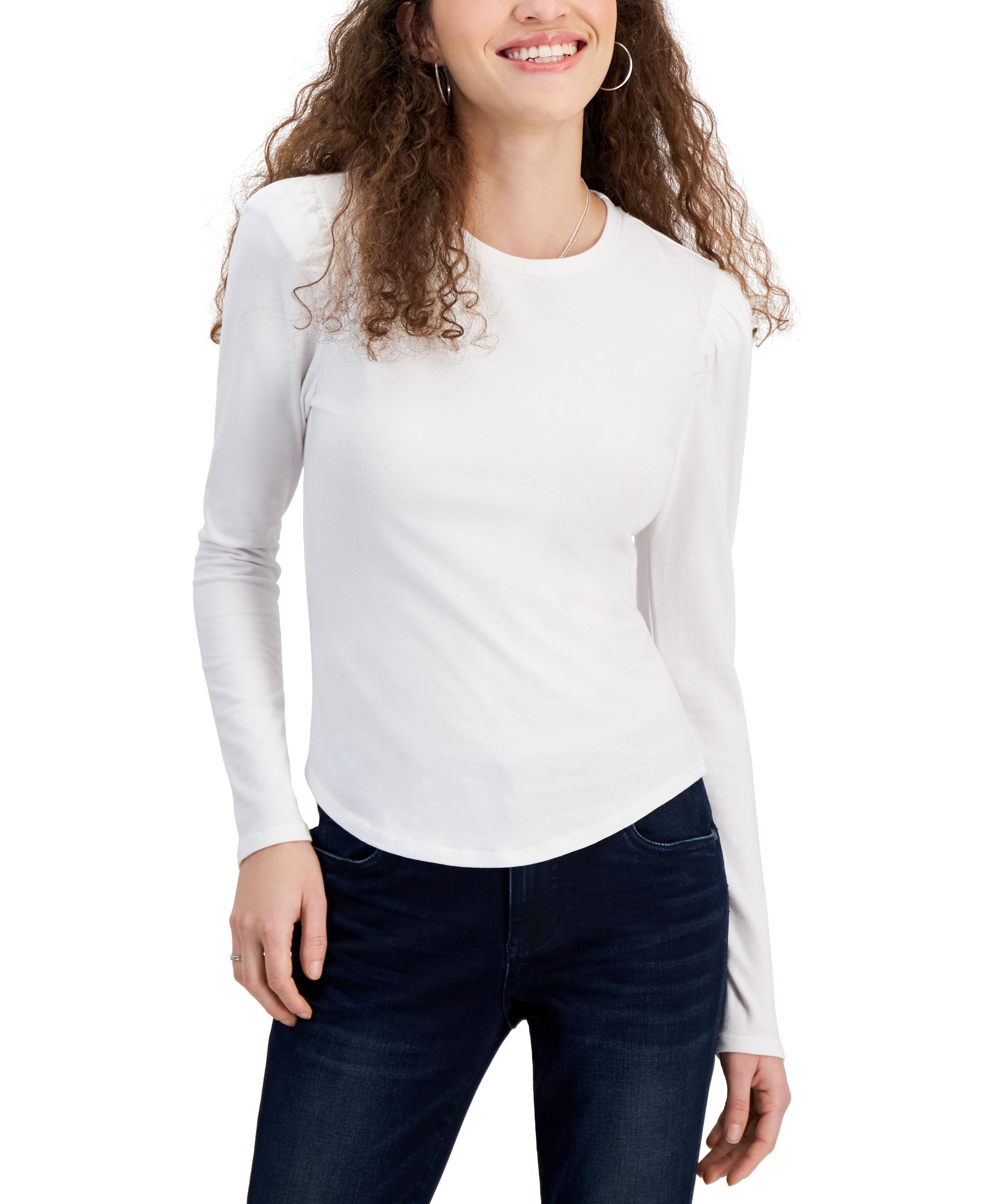 Juniors' Crewneck Puff-Shoulder Long-Sleeve Top