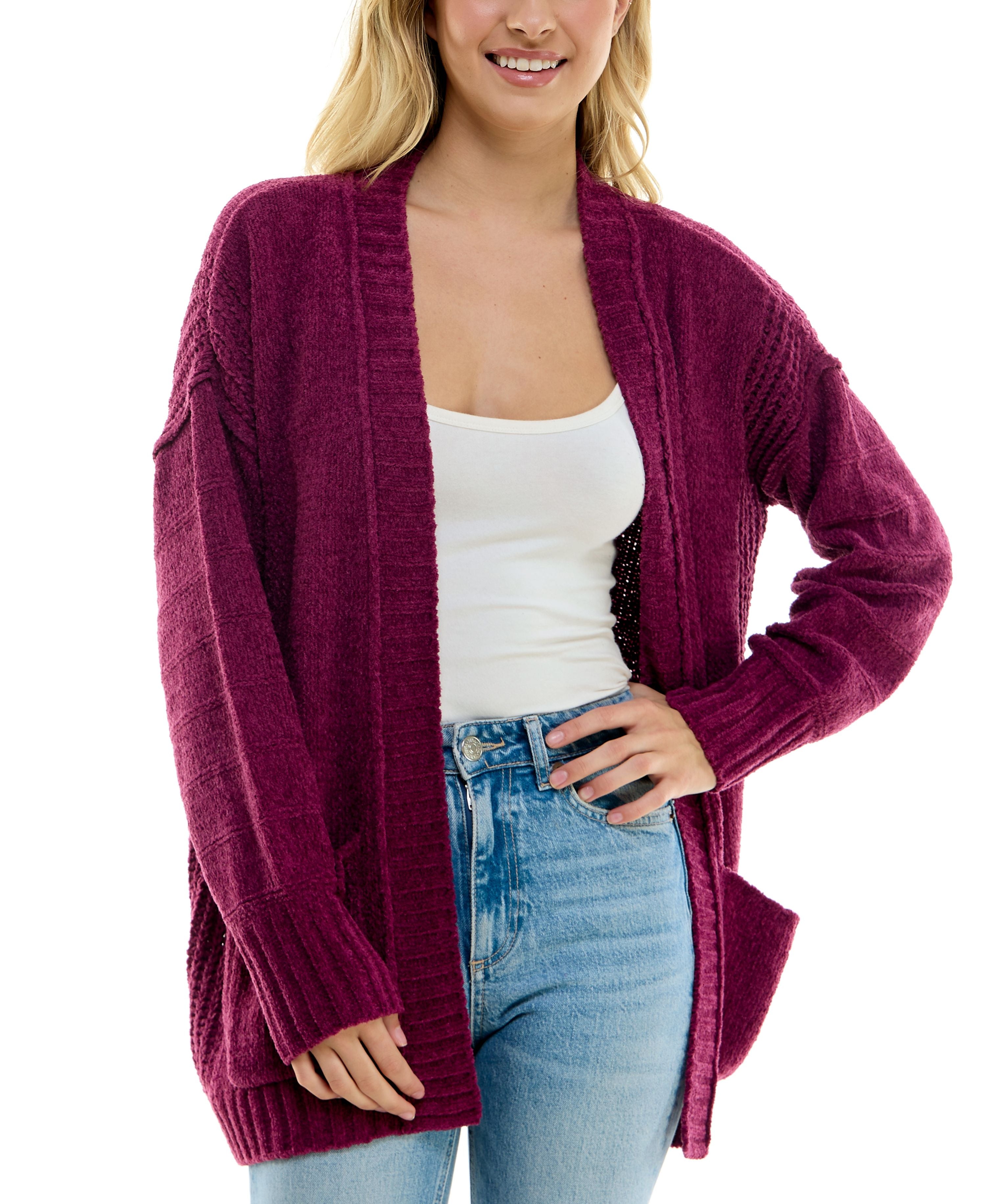 Juniors' Chenille Open-Front Patch-Pocket Cardigan