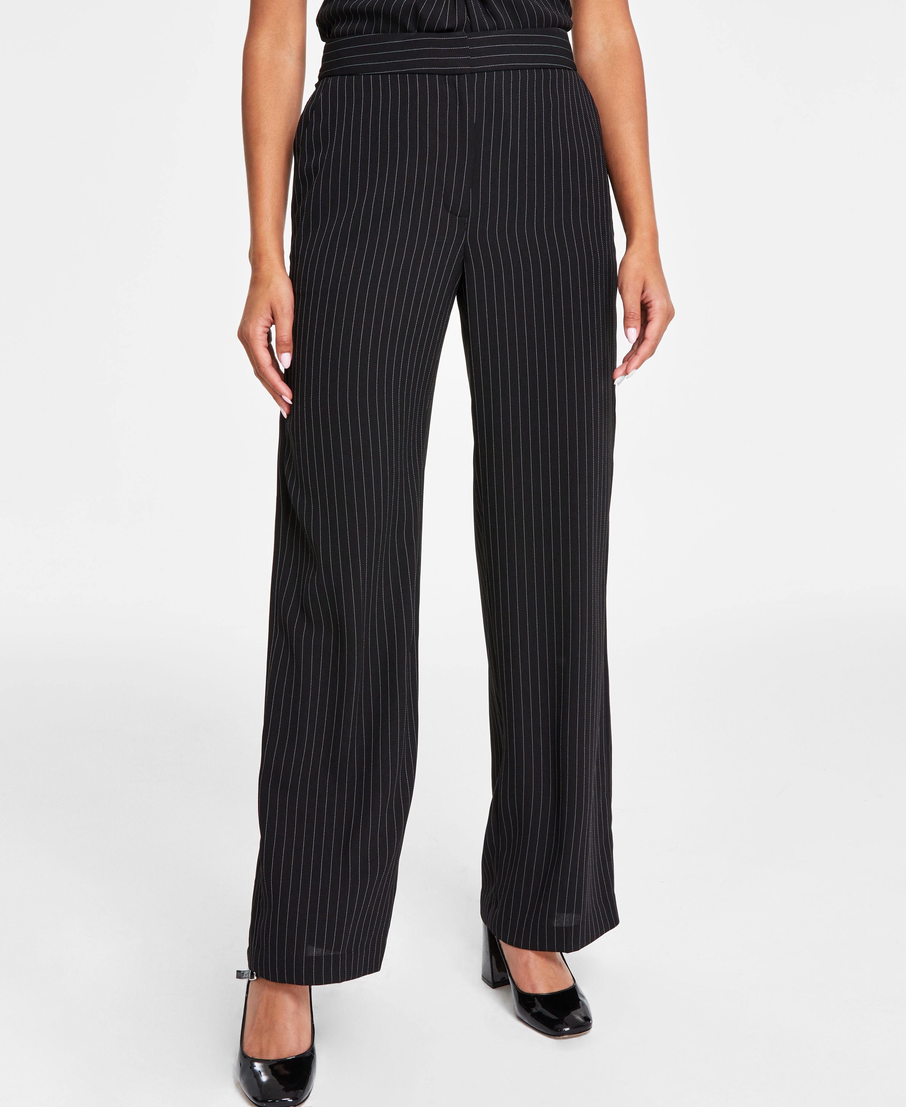 Women's Pinstripe Notched-Collar One-Button Blazer, Pinstripe Sleeveless Twist-Front Top, and High-Rise Wide-Leg Pinstripe Pants