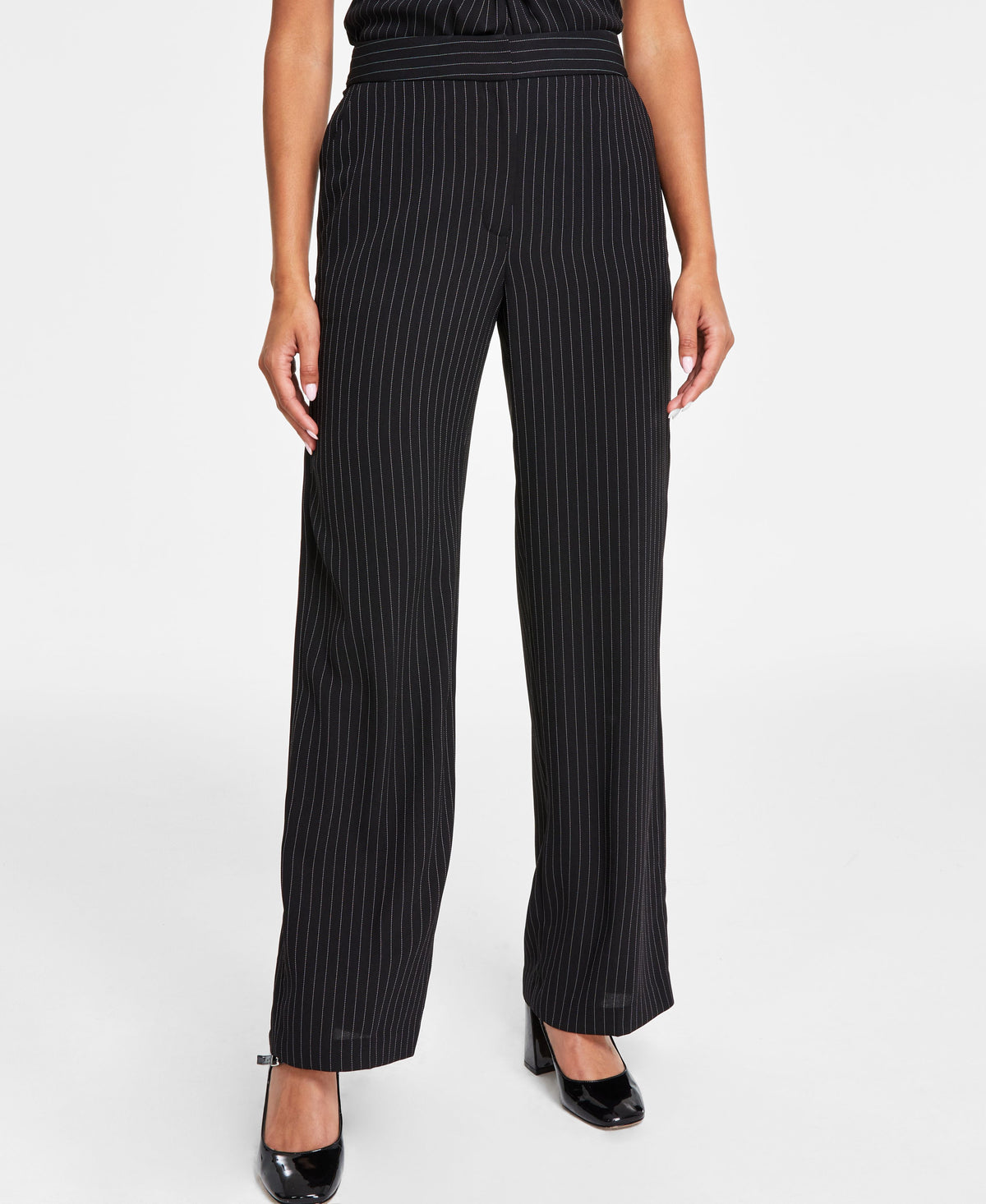 Women's Pinstripe Notched-Collar One-Button Blazer, Pinstripe Sleeveless Twist-Front Top, and High-Rise Wide-Leg Pinstripe Pants
