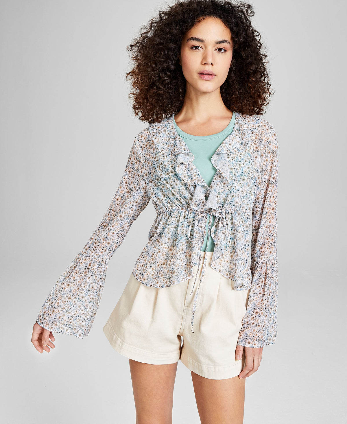 Women's Floral Print Tie-Waist Bell-Sleeve Top