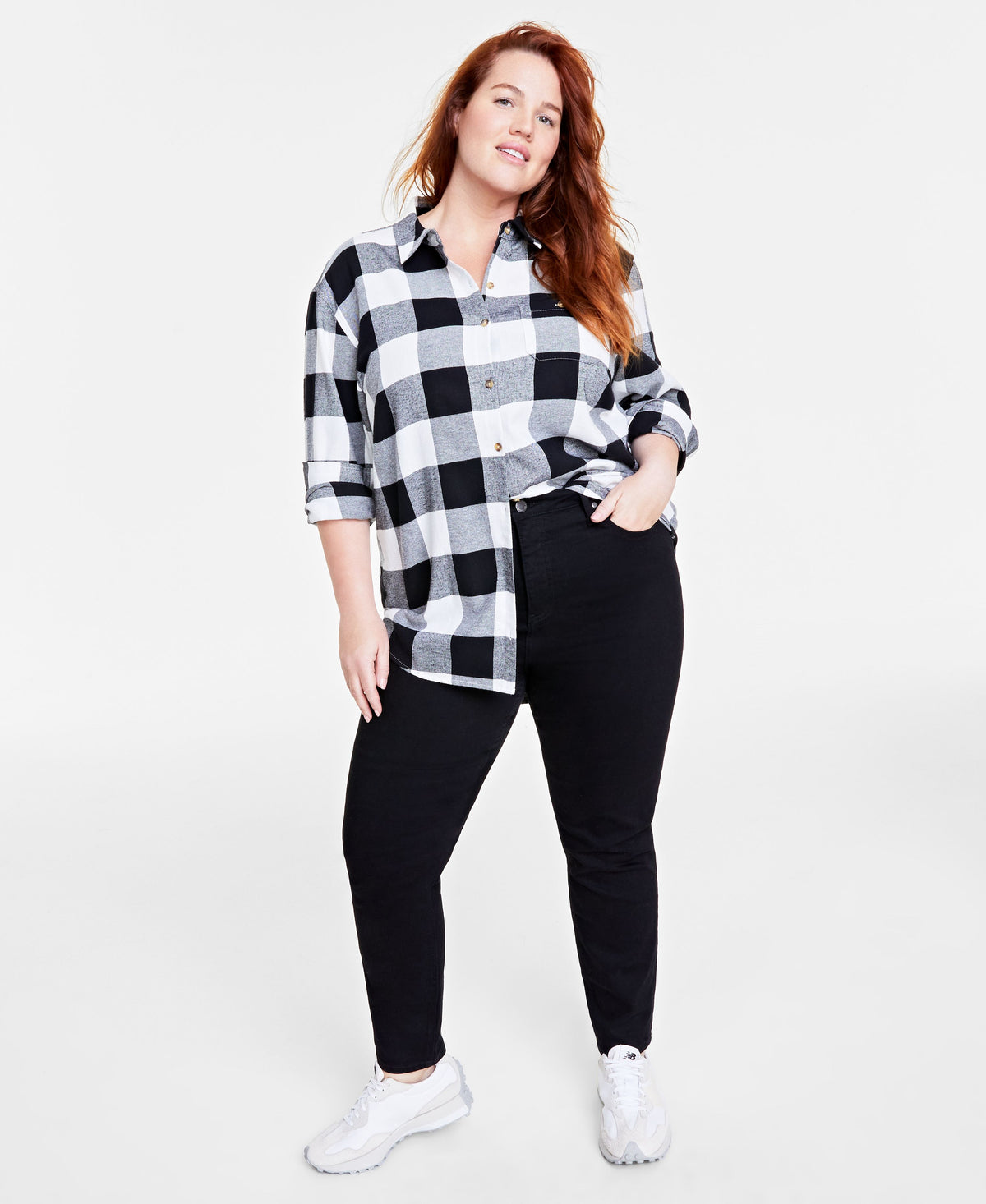 Plus Size Cotton Flannel Plaid Tunic Shirt