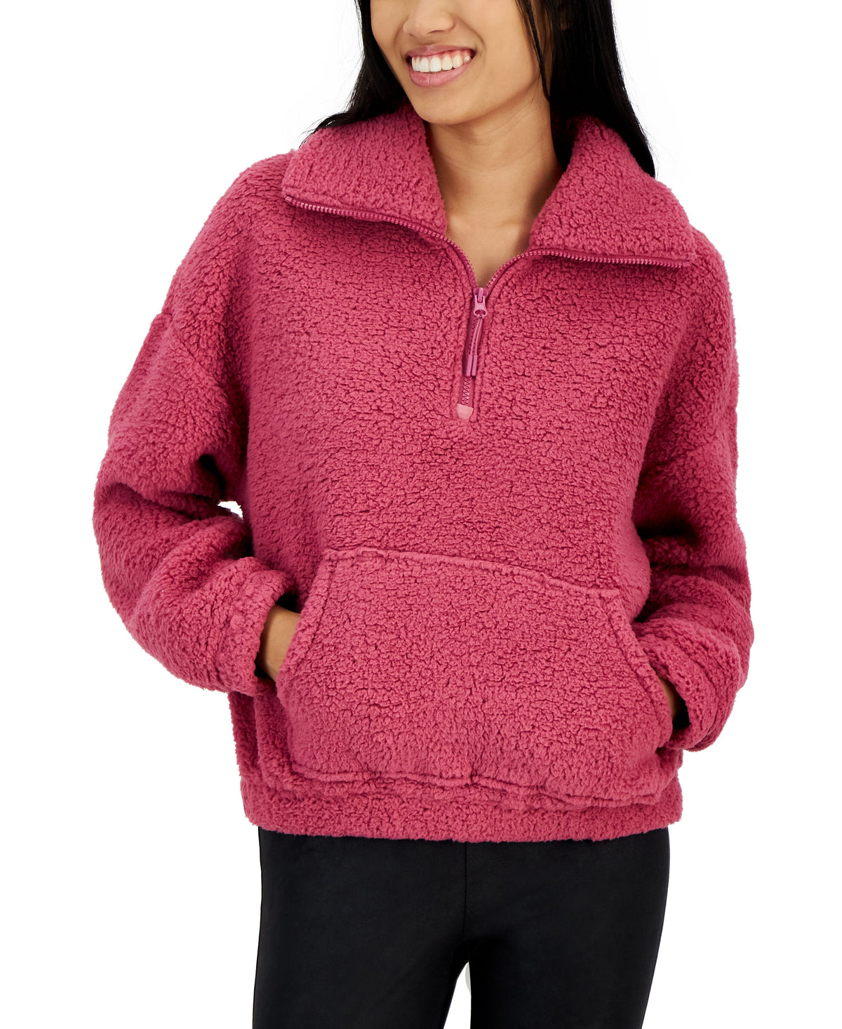 Juniors' Extended Quarter-Zip Long-Sleeve Sherpa Sweatshirt