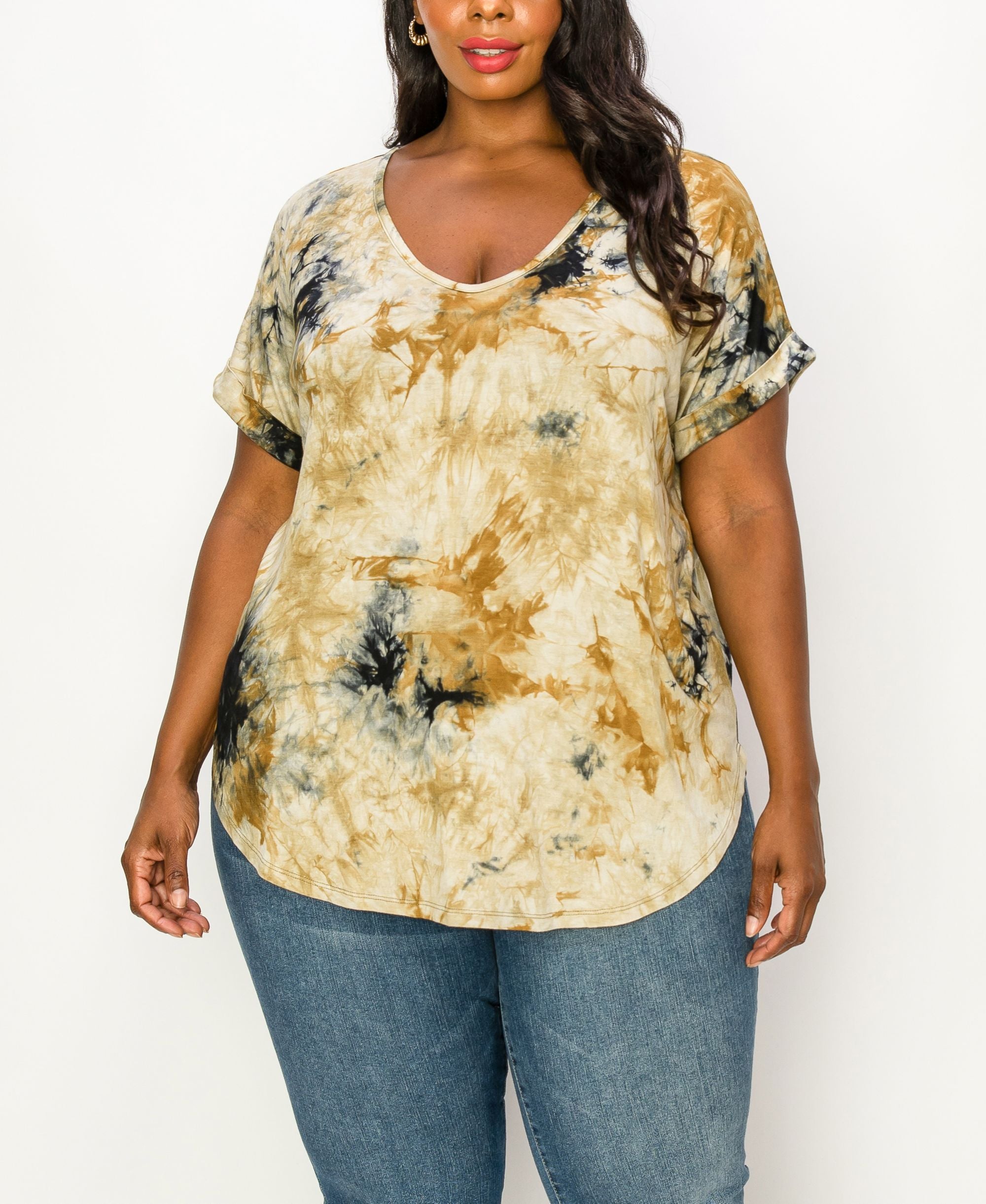 Plus Size Tie Dye V-neck Rolled Short Sleeve Top
