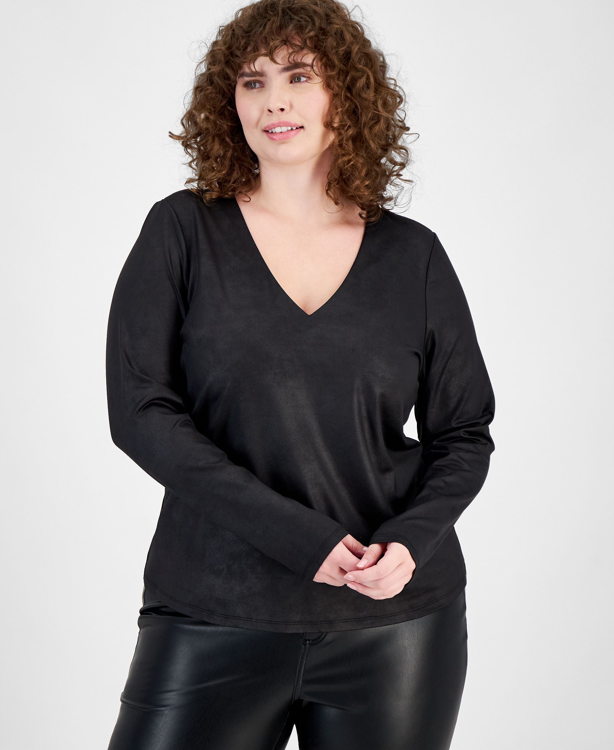 Plus Size Coated Long-Sleeve V-Neck Top