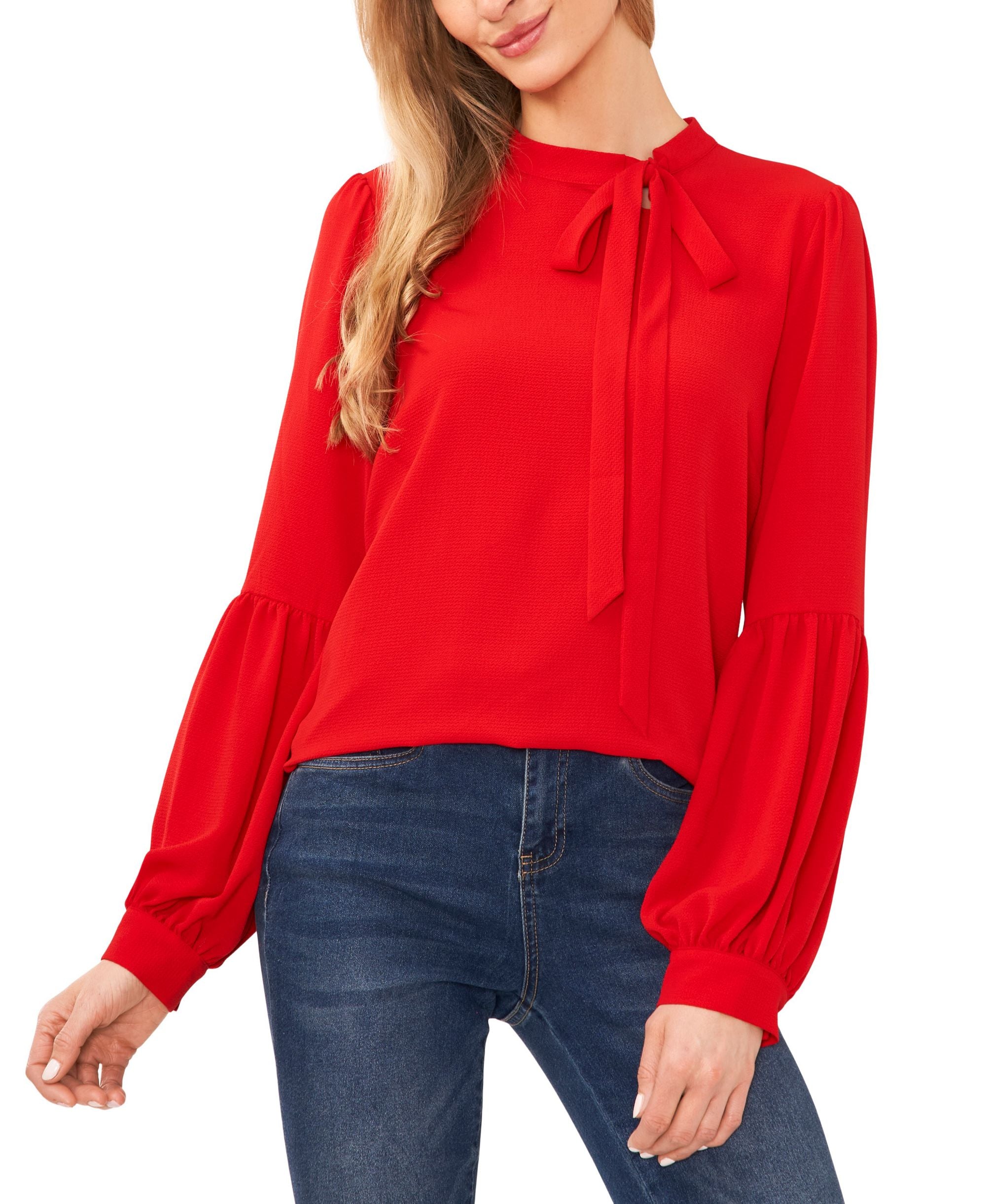 Women's Solid Long Sleeve Tie-Neck Puff-Sleeve Blouse