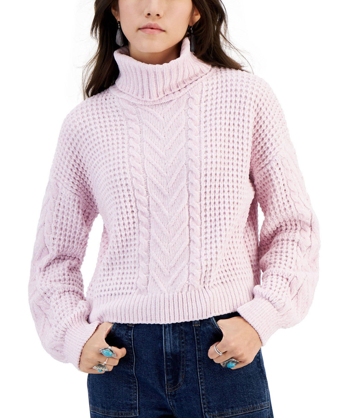 Juniors' Turtleneck Cable-Knit Sweater