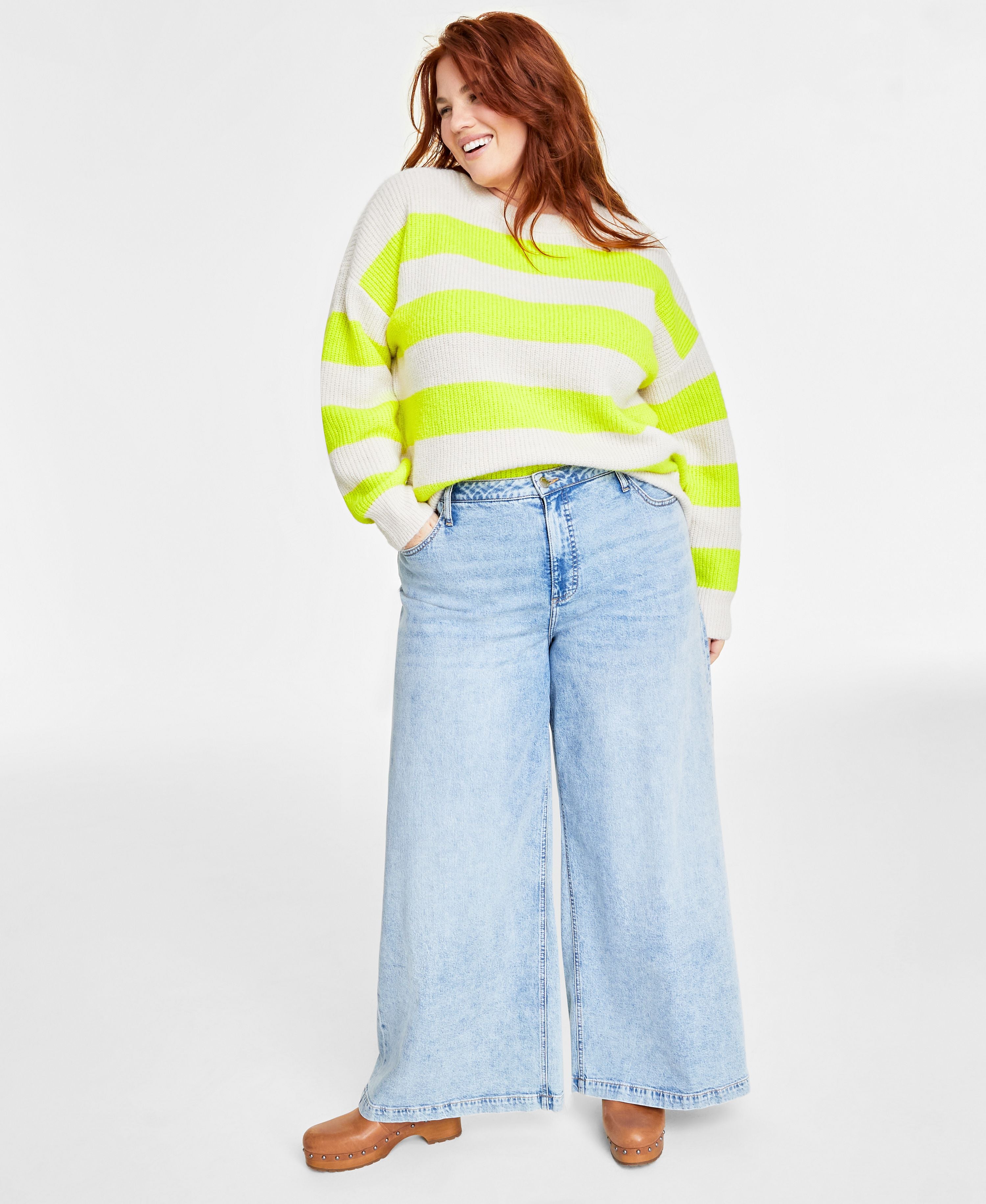 Plus Size Crewneck Striped Shaker Sweater