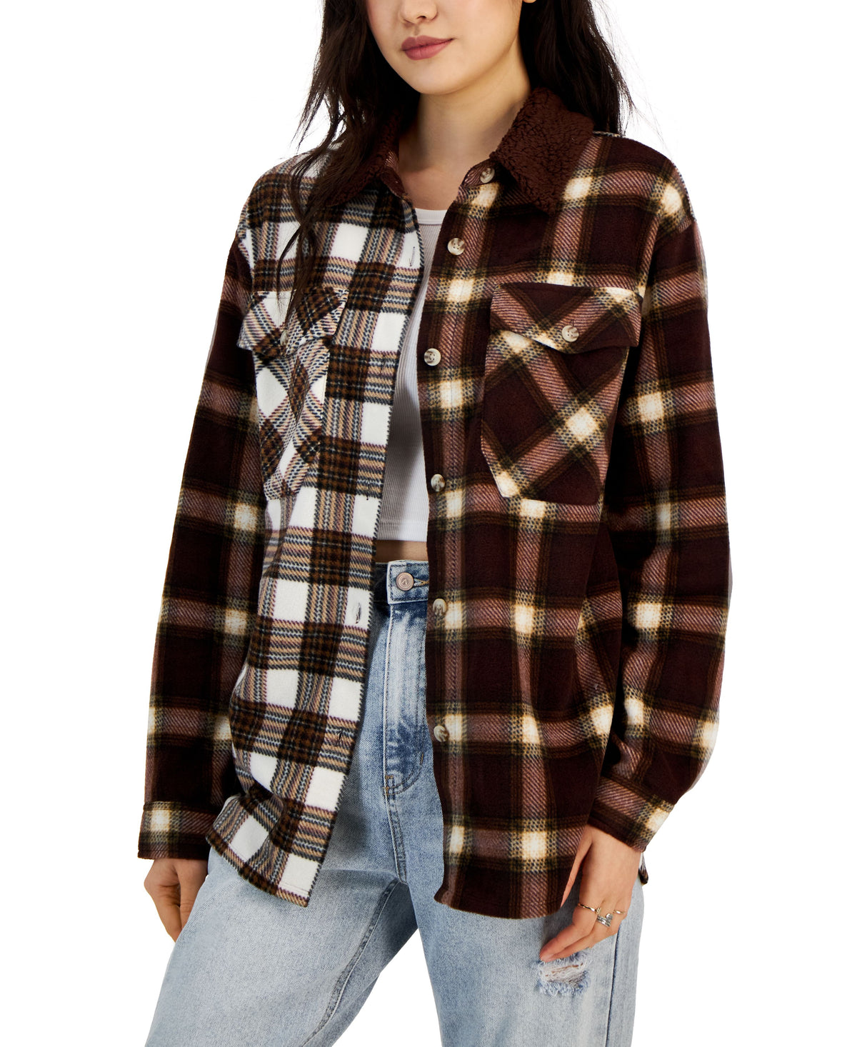 Juniors' Plaid Polar Fleece Sherpa-Collar Shacket