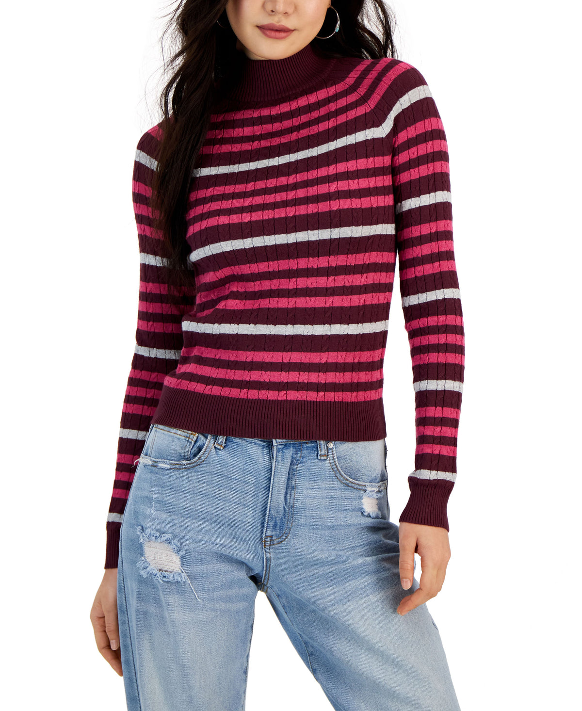 Juniors' Striped Mini-Cable Mock Neck Sweater