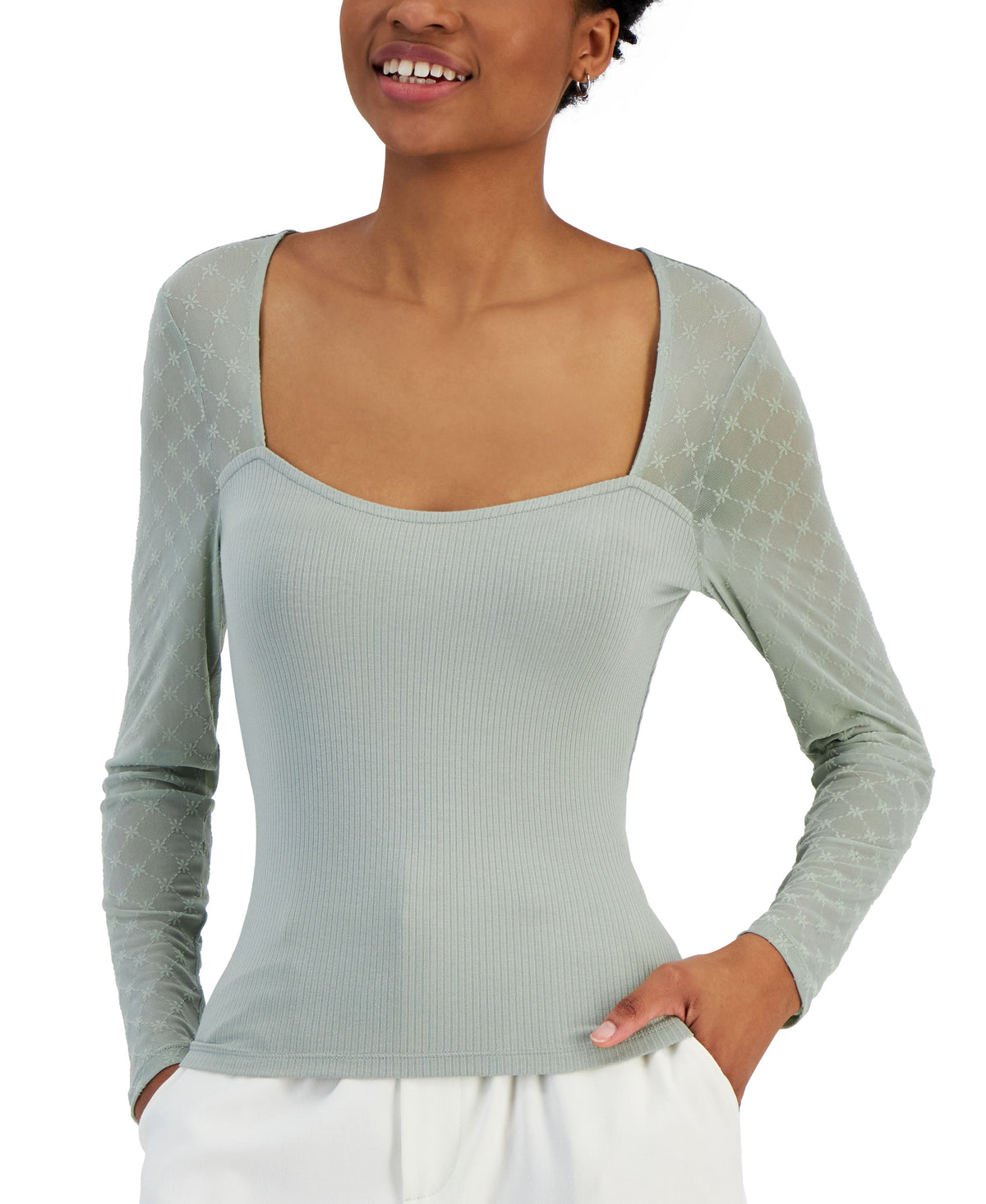Juniors' Flocked Illusion Mesh-Sleeve Top