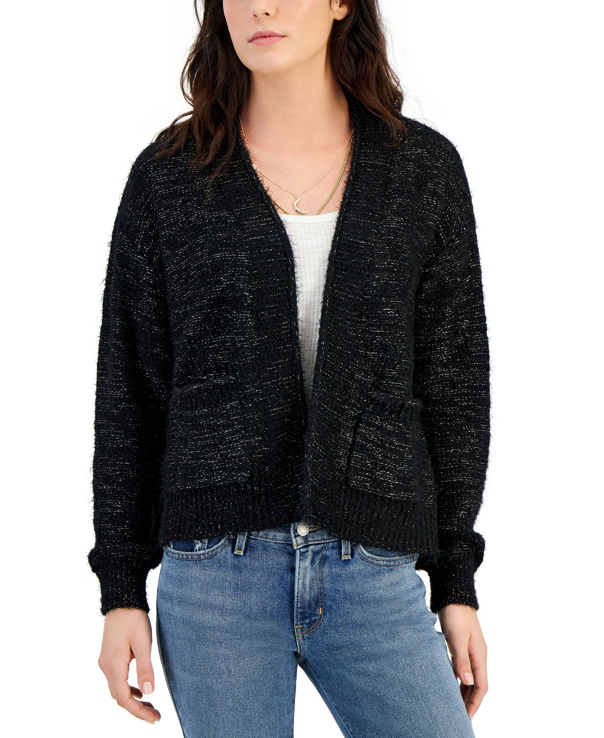 Juniors' Open-Front Lurex Eyelash-Knit Cardigan