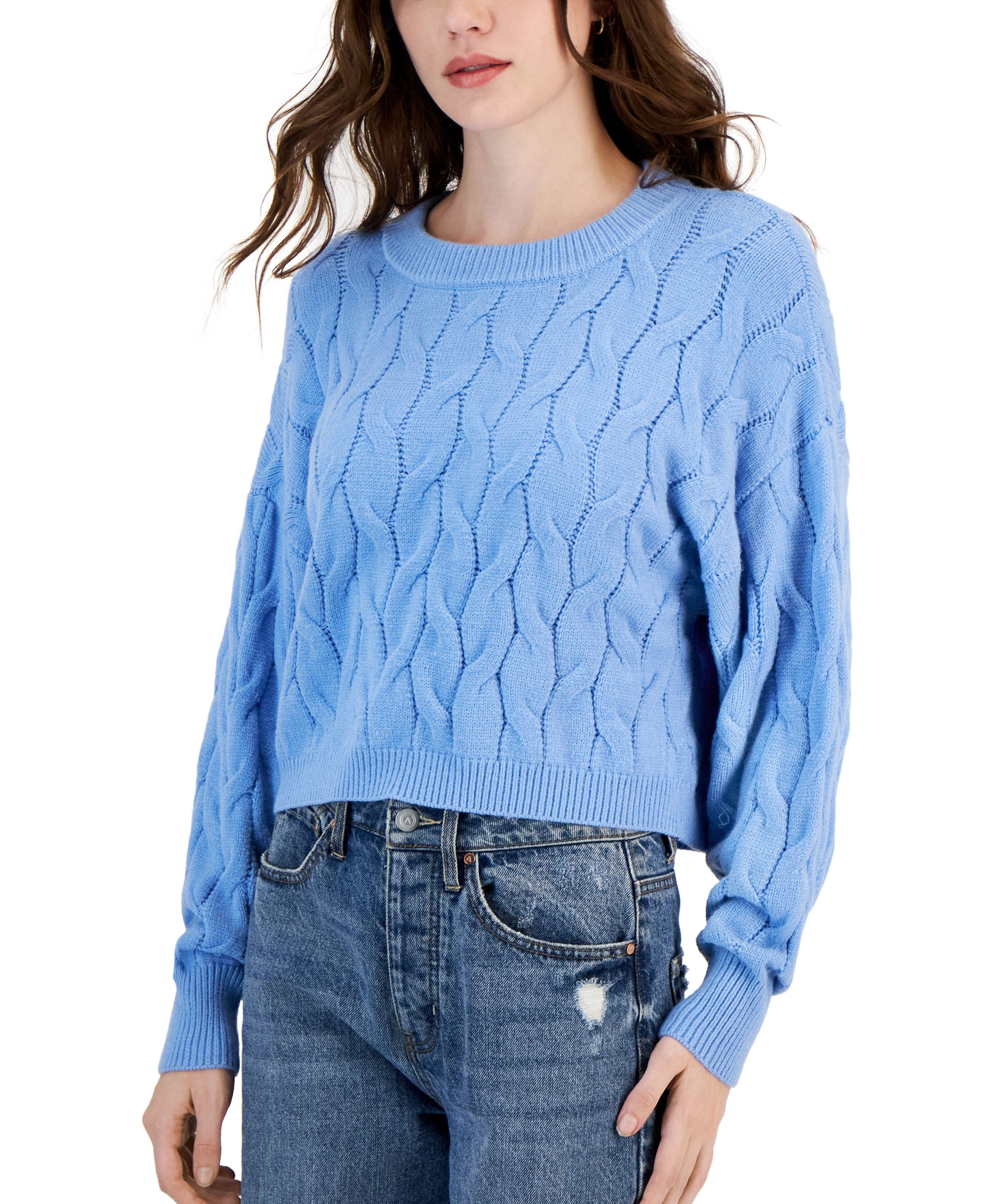 Juniors' Cable-Knit Cropped Crewneck Sweater