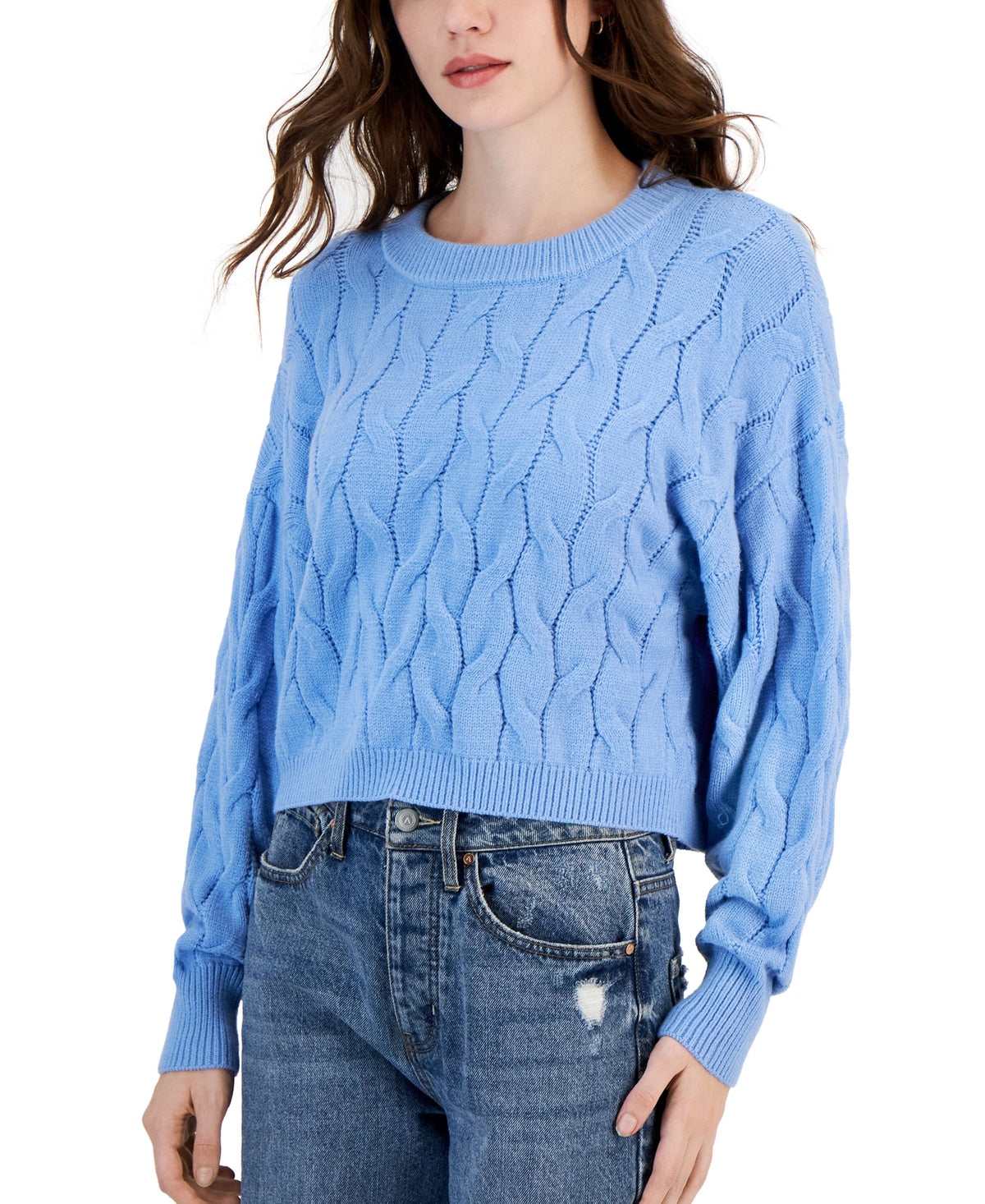Juniors' Cable-Knit Cropped Crewneck Sweater