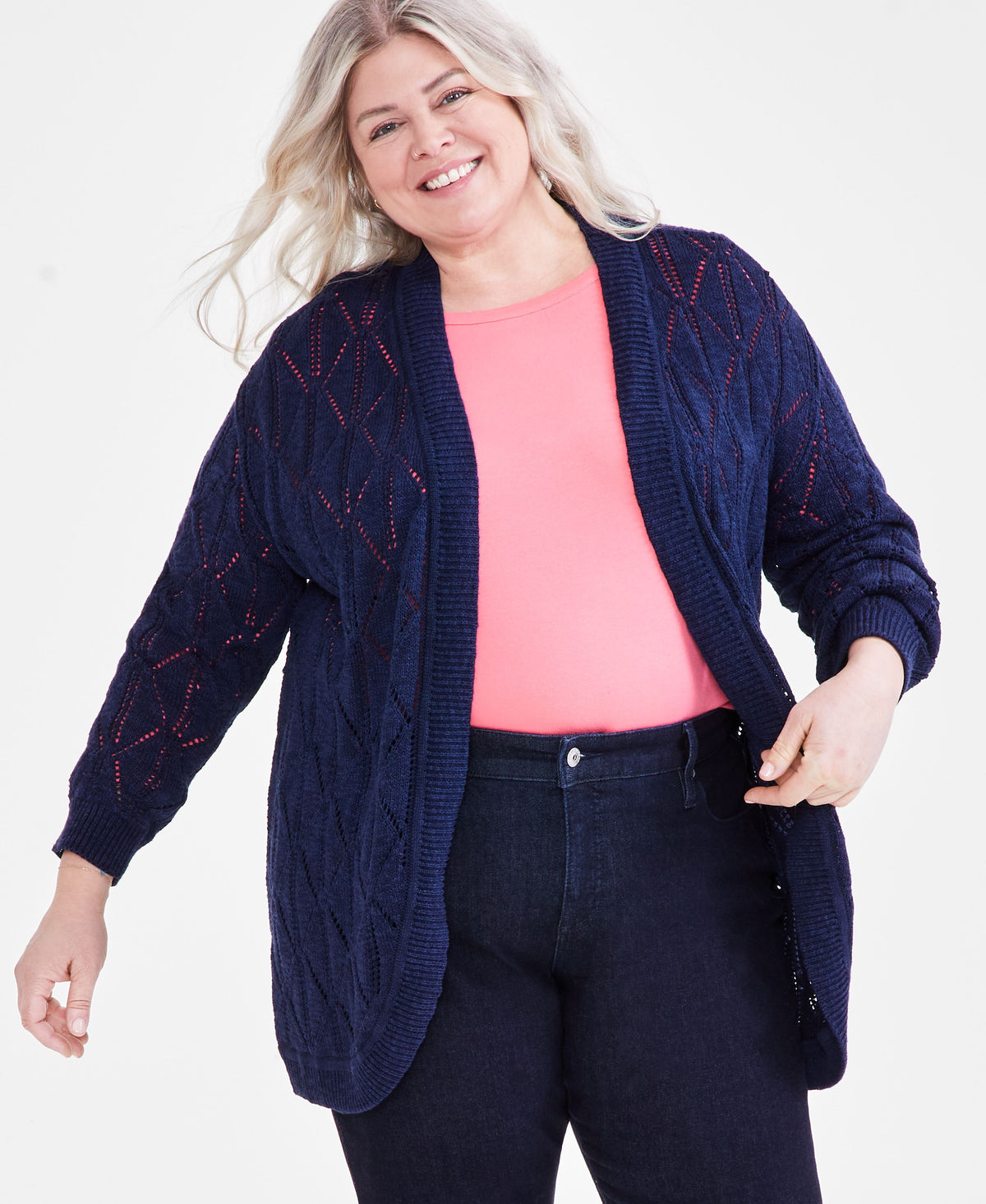 Plus Size Open-Front Pointelle Cardigan