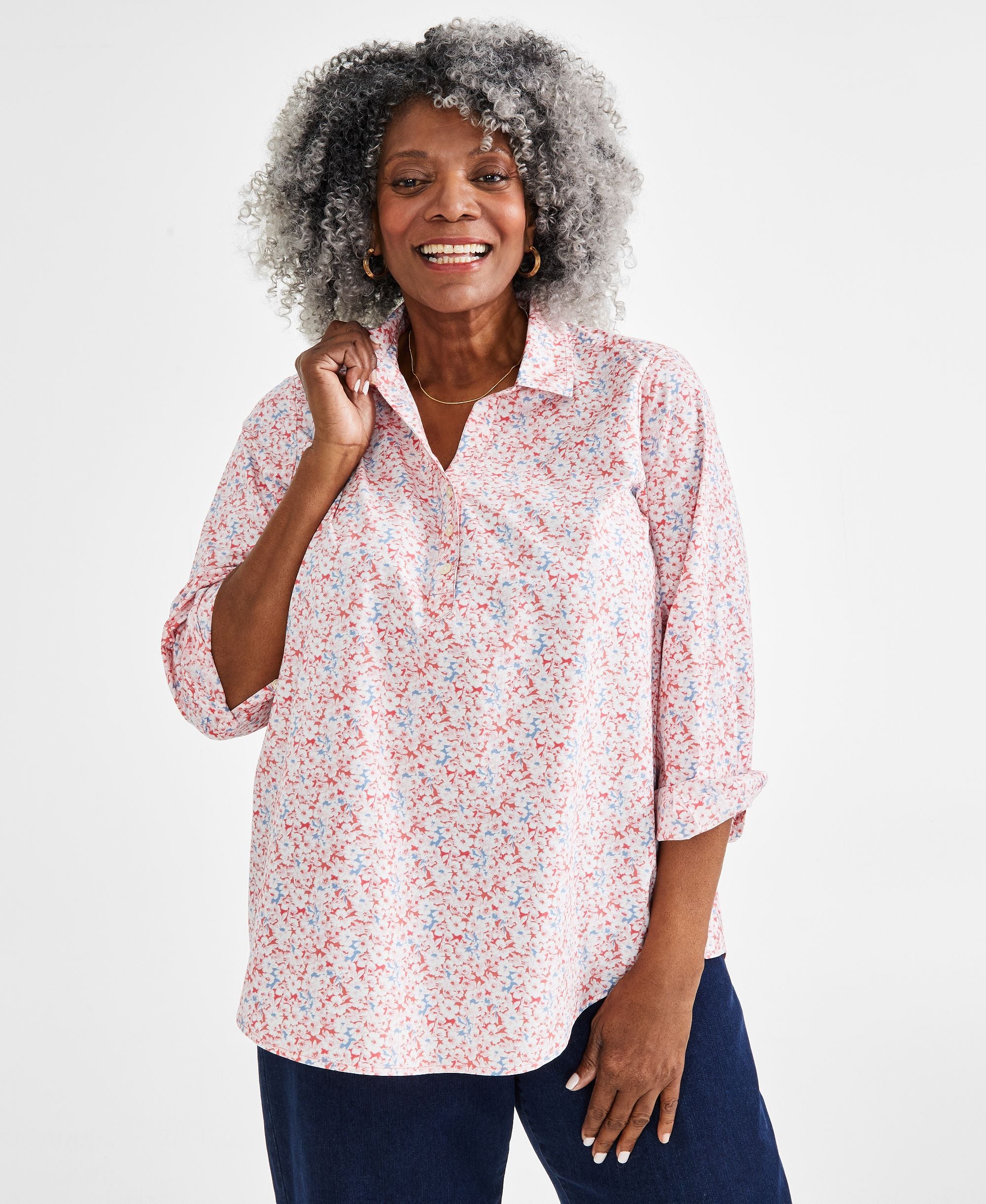 Plus Size Perfect Popover Printed Top Disty Fresh Coral 3X