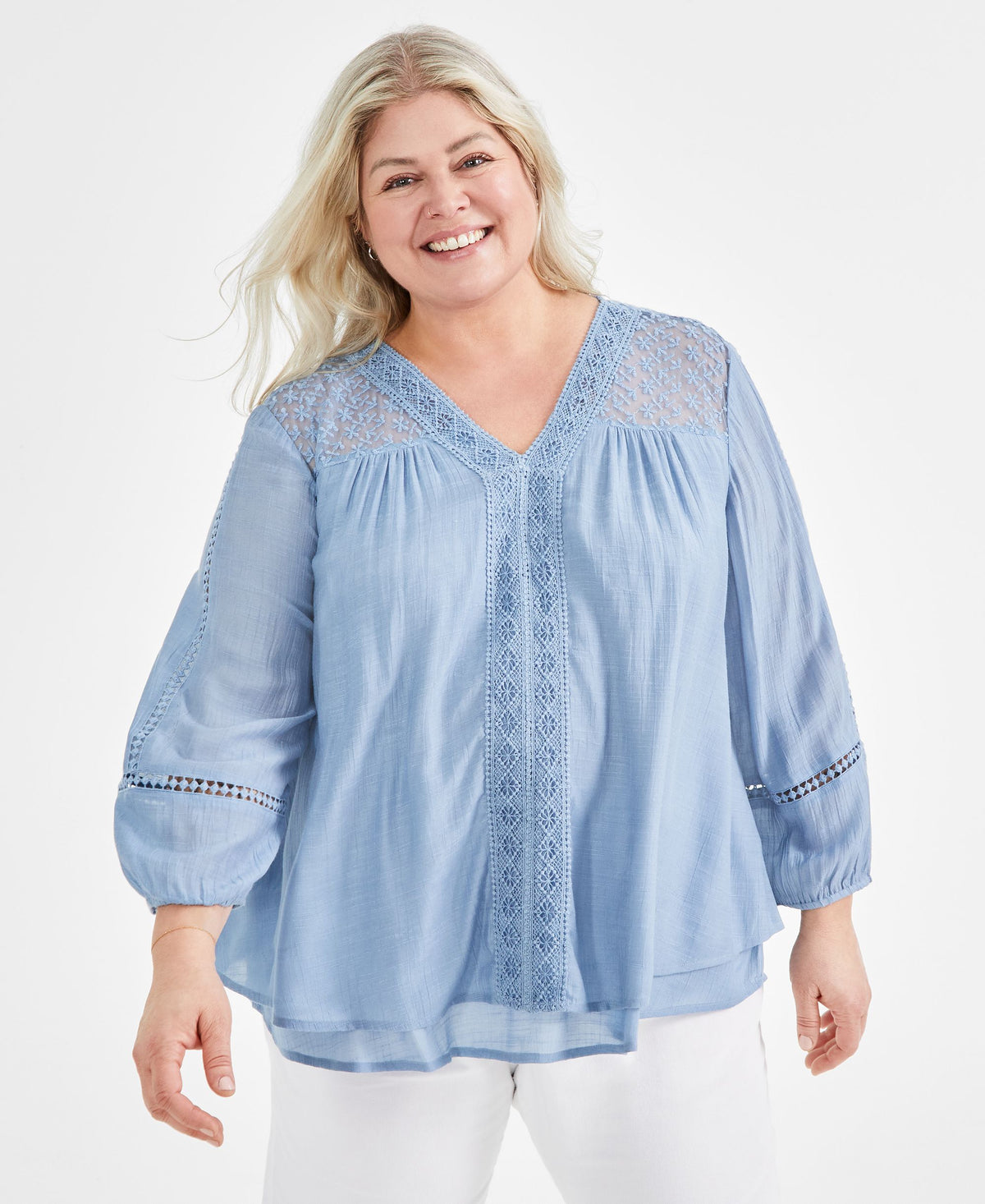 Plus Size Lace-Trim Long-Sleeve Top
