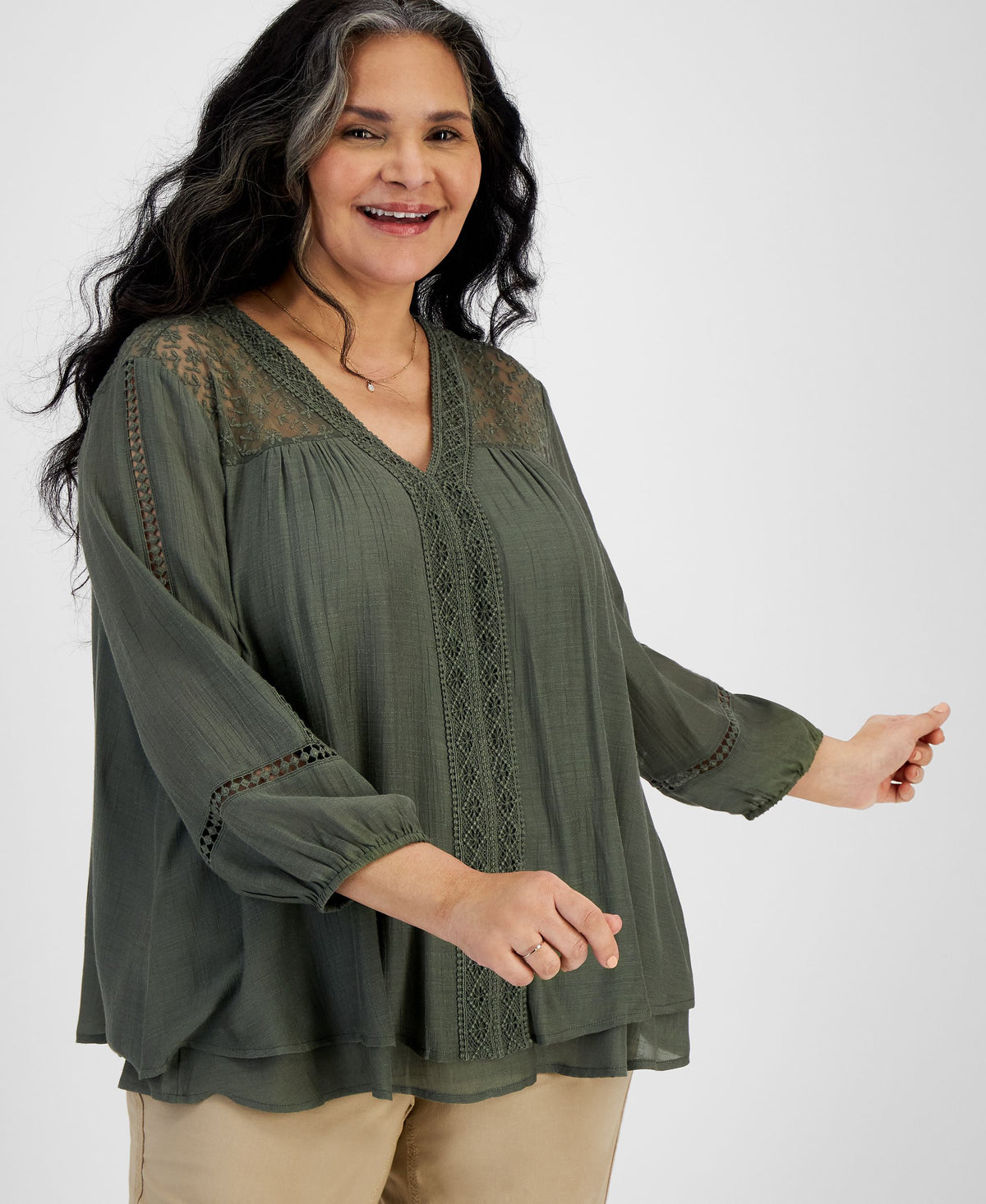 Plus Size Lace-Trim Long-Sleeve Top