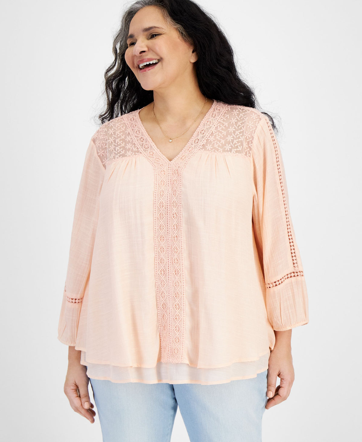 Plus Size Lace-Trim Long-Sleeve Top