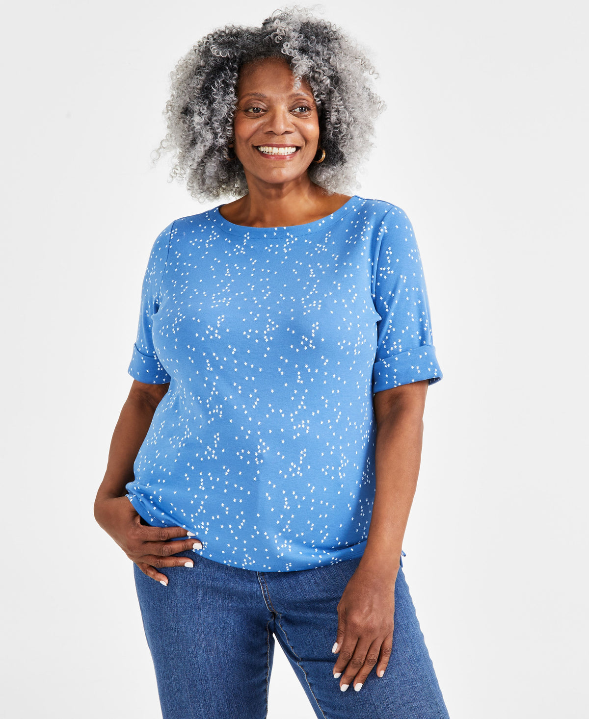 Plus Size Printed Elbow-Sleeve Top