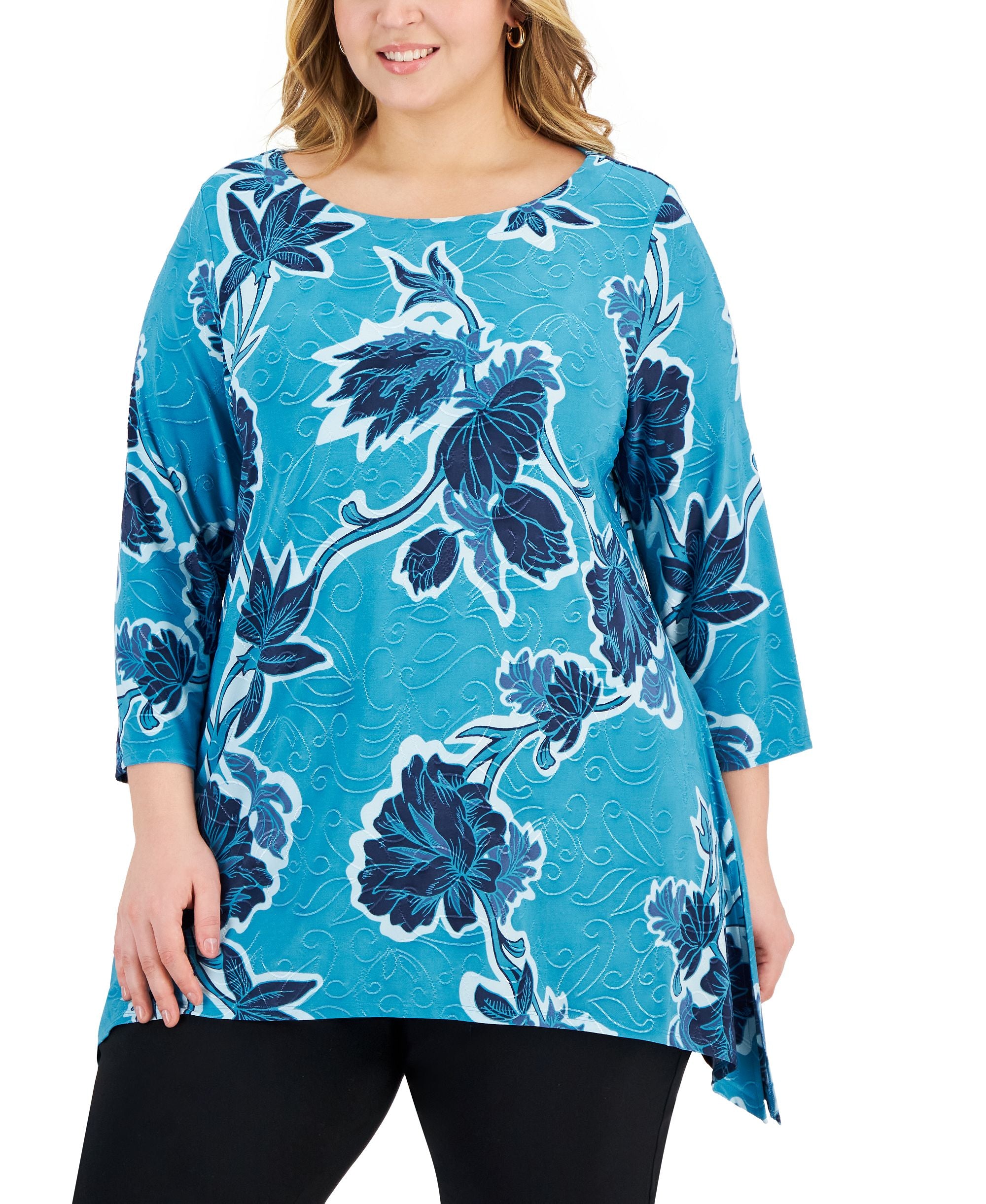 Plus Size Floral-Print Jacquard Swing Top
