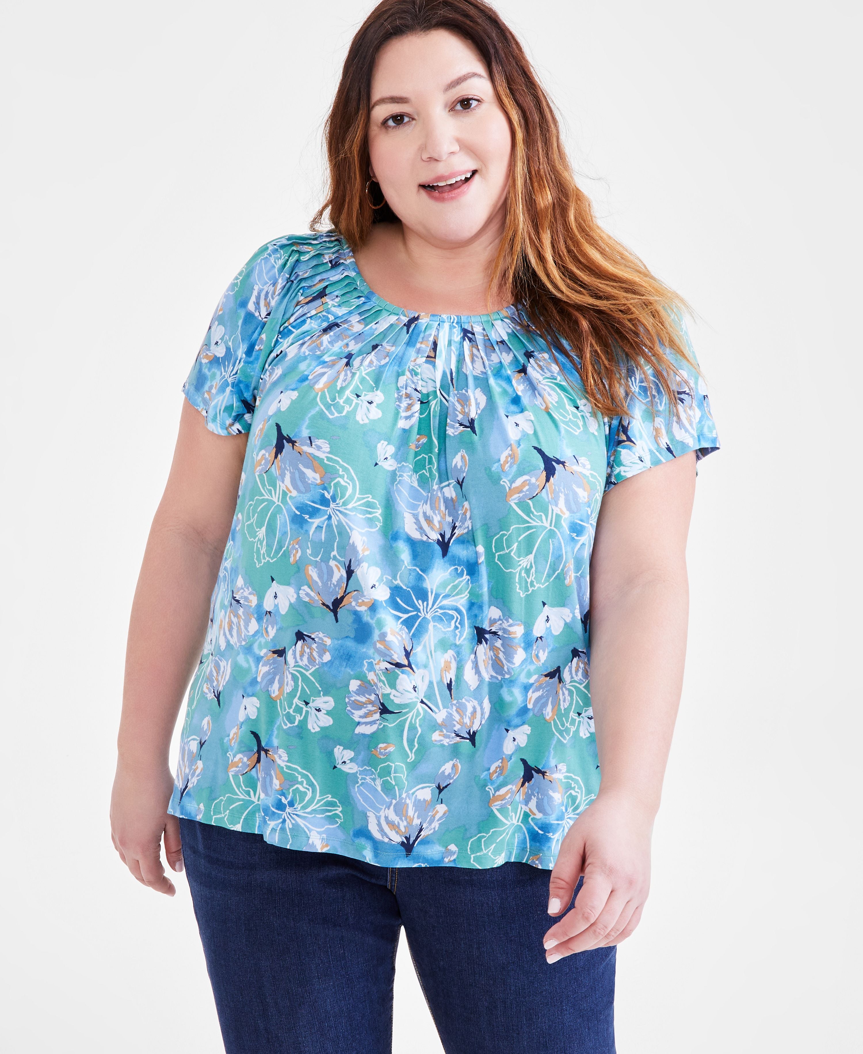 Plus Size Printed Pleated-Neck Top