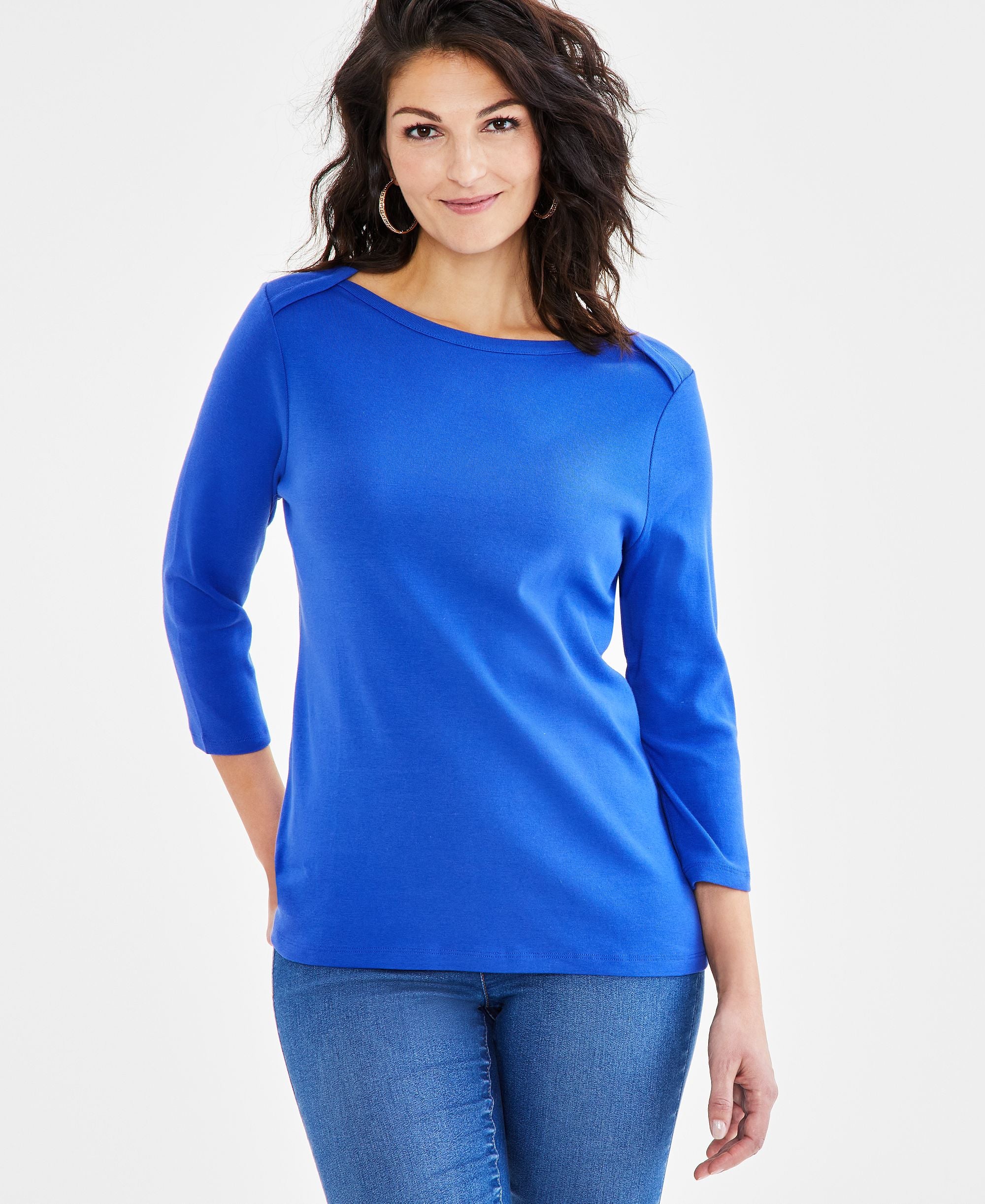 Women's Pima Cotton 3/4-Sleeve Boat-Neck Top, Regular & Petite Elegant Sapphire PS