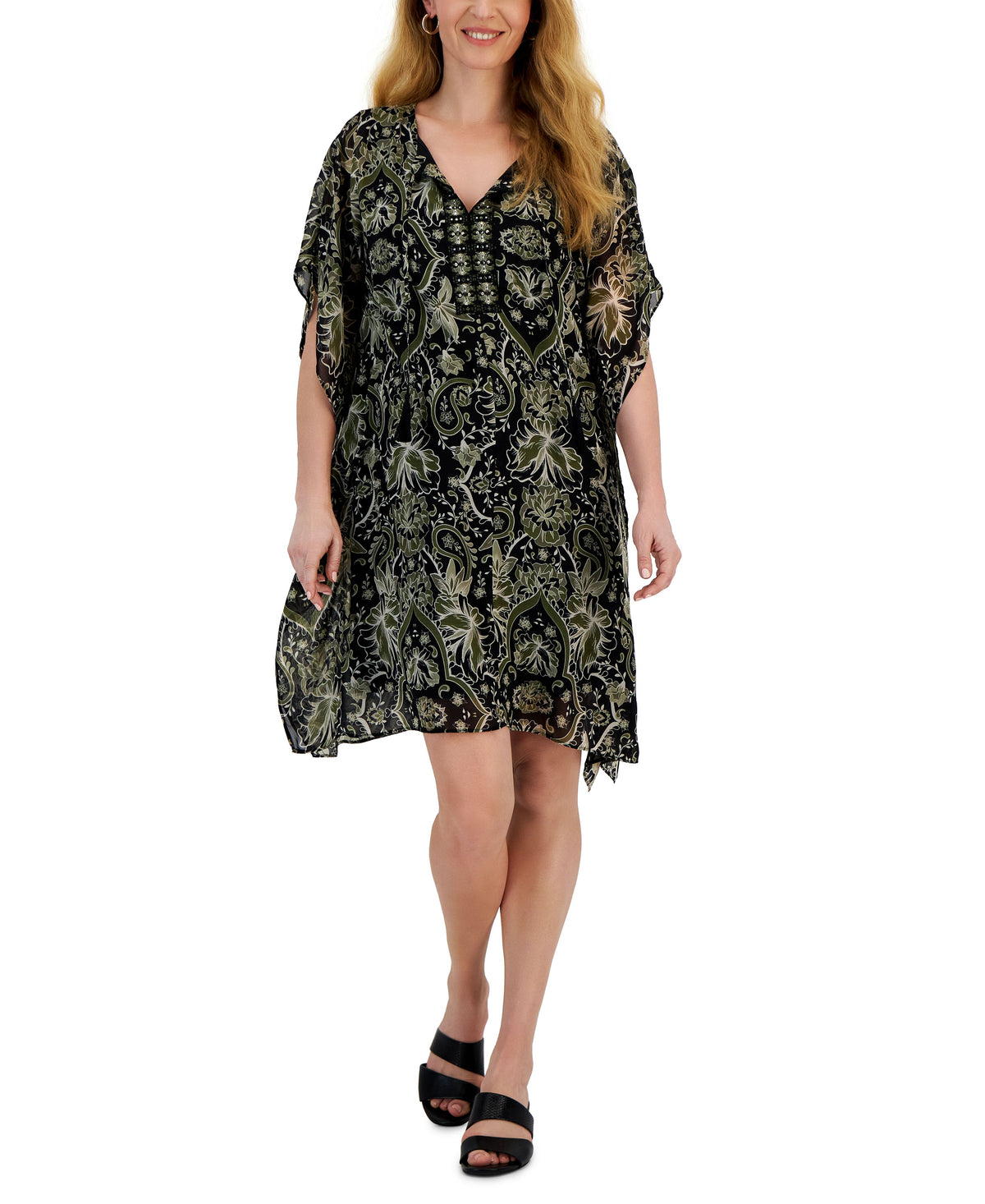Women's Short Sleeve Printed Embellished Caftan Dress Sandshell Combo XXL