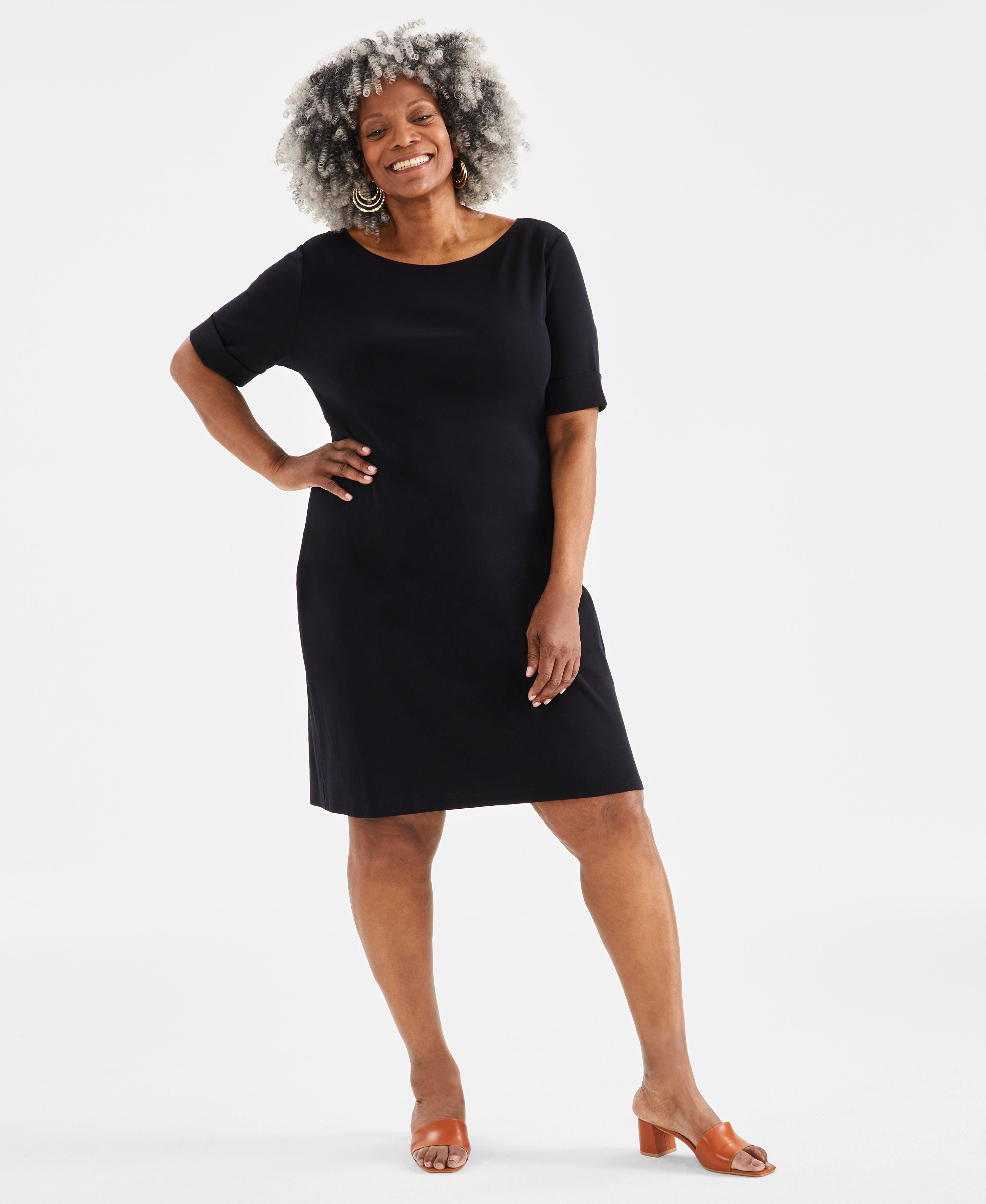 Plus Size Solid Boat-Neck Dress