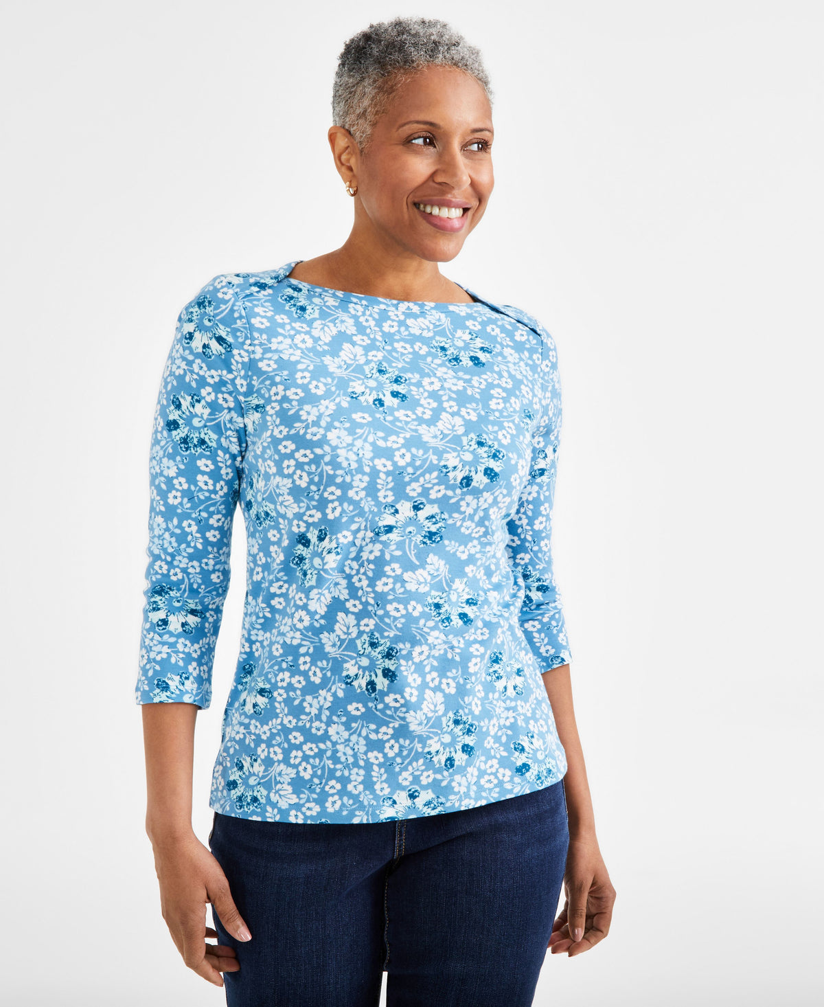 Petite Pottery Floral 3/4-Sleeve Pima Knit Top