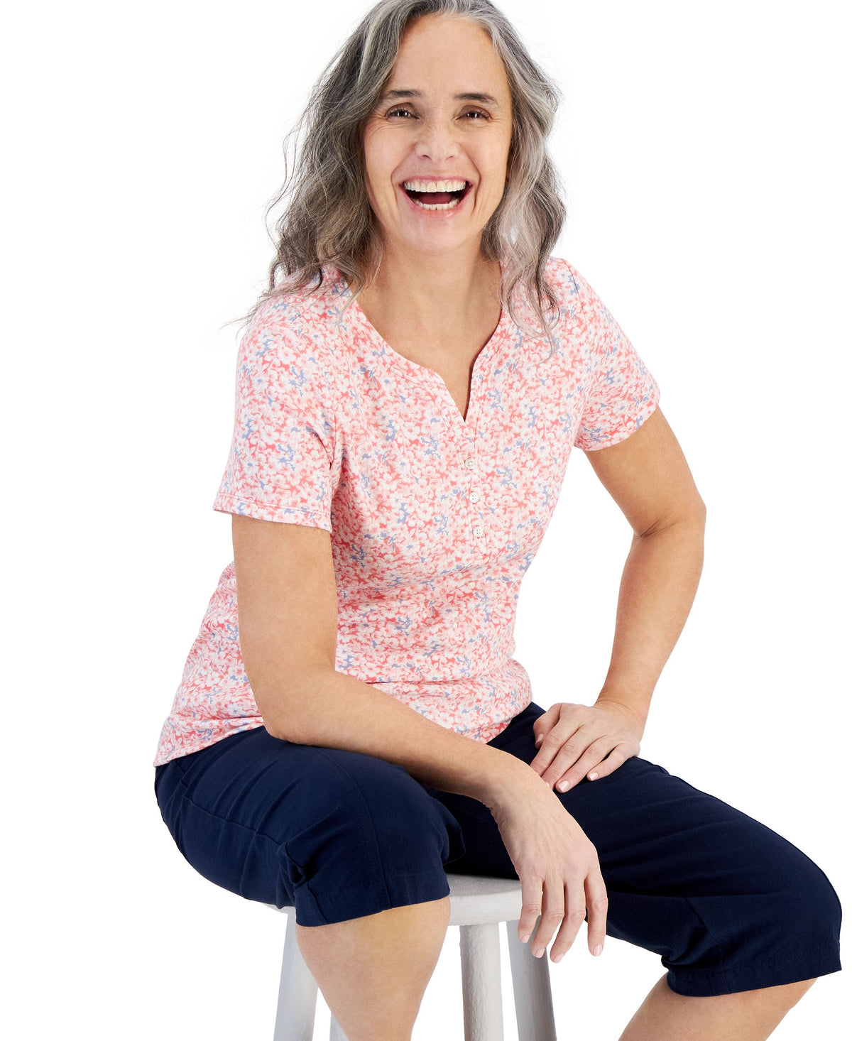 Petite Patchy Ditsy Floral Henley Short-Sleeve Top