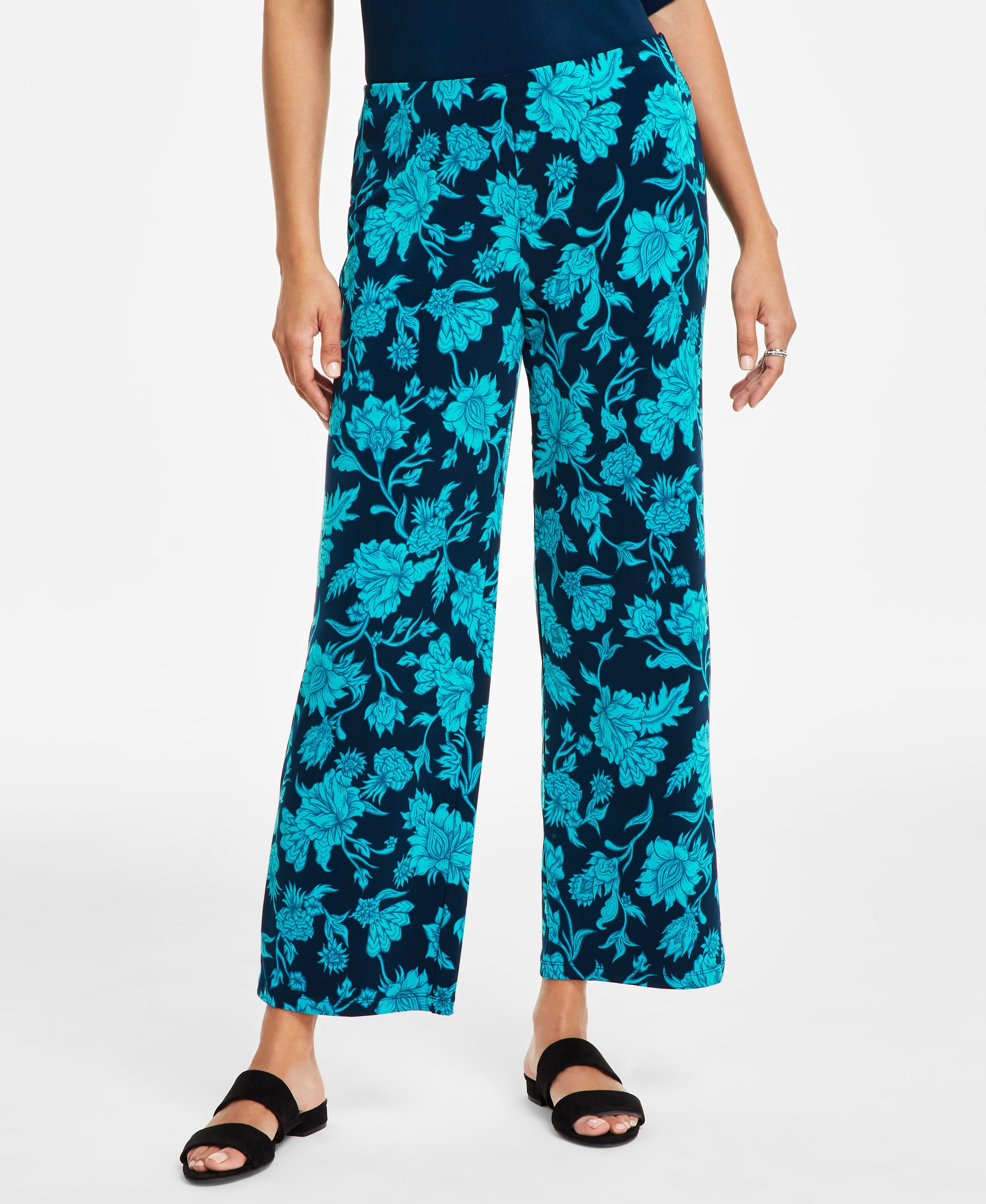 JM Collection Petite Floral Wide-Leg Pants Intrepid Blue Combo PL
