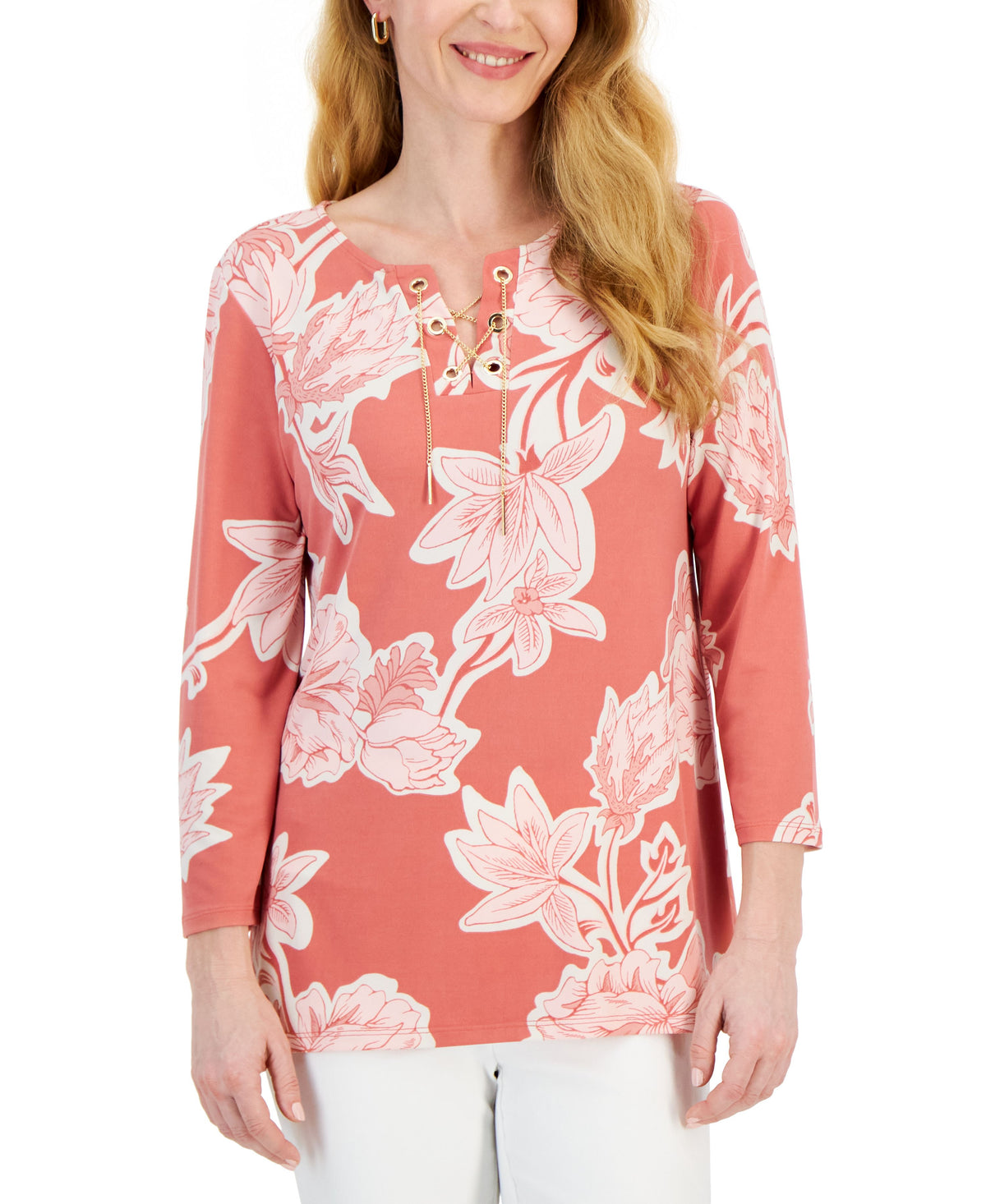 Women's 3/4 Sleeve Printed Chain Lace-Up Tunic