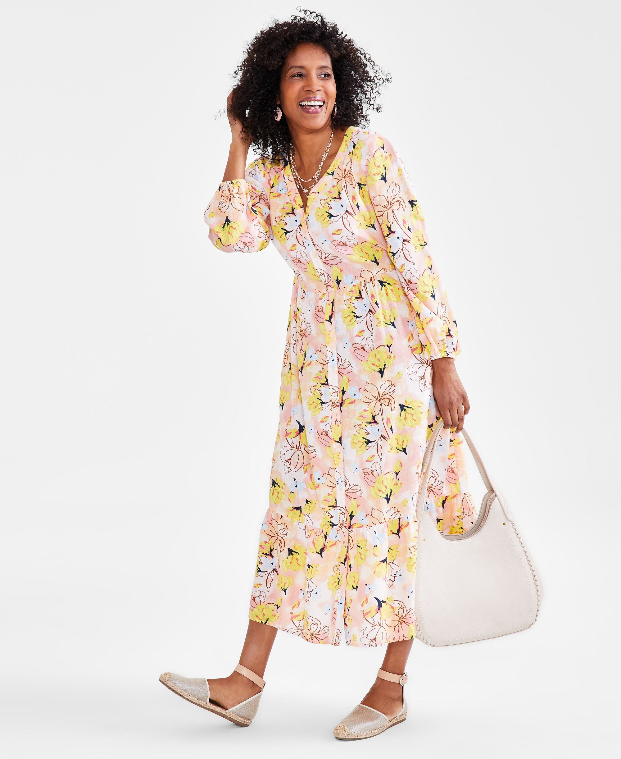 Women's Printed Linen Tiered Midi Dress, Regular & Petite