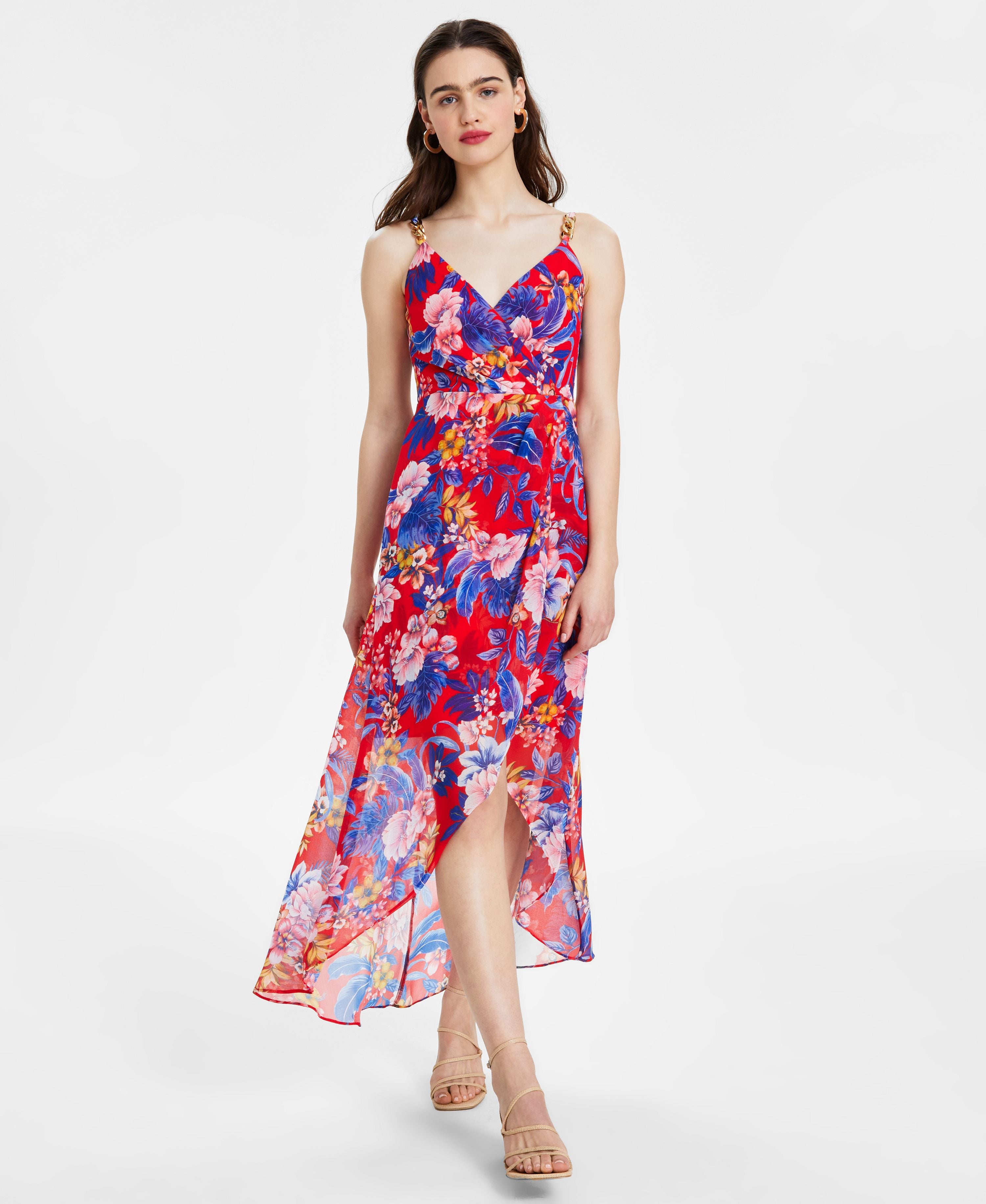 Siena Women's Floral Print Sleeveless High-Low Maxi Dress Red Multi 10
