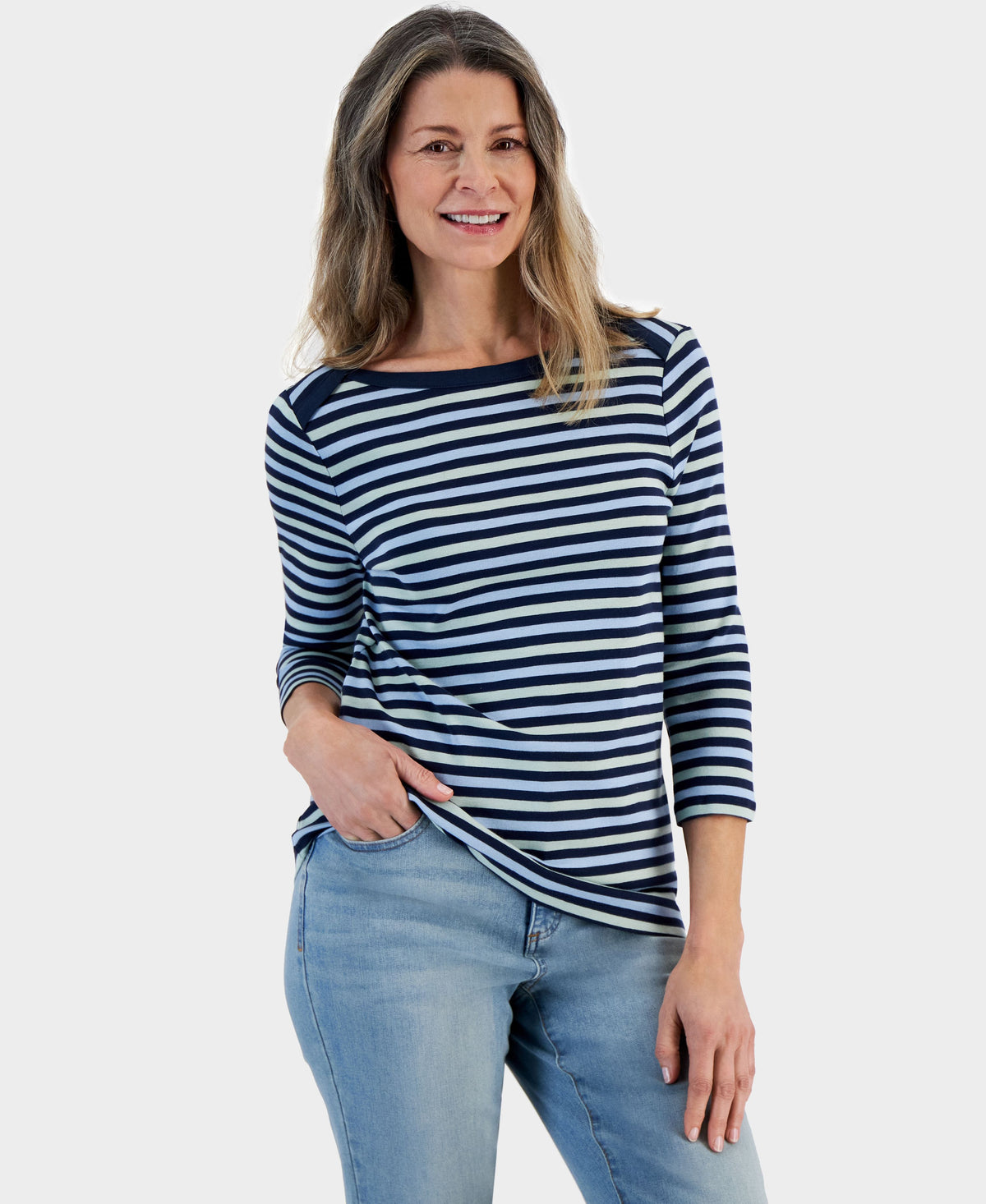 Petite Valerie Striped 3/4-Sleeve Boat-Neck Top