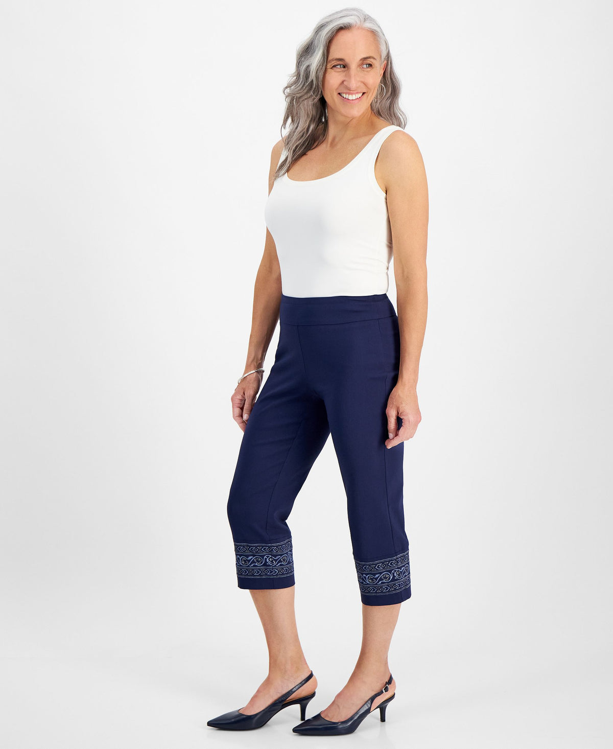 Petite Embroidered-Trim Capri Pants