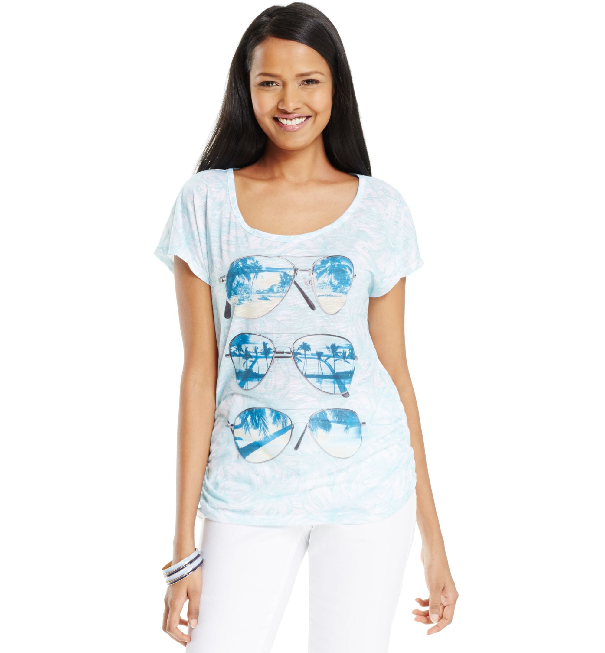 Style & Co. Petite Ruched Graphic-Print Tee