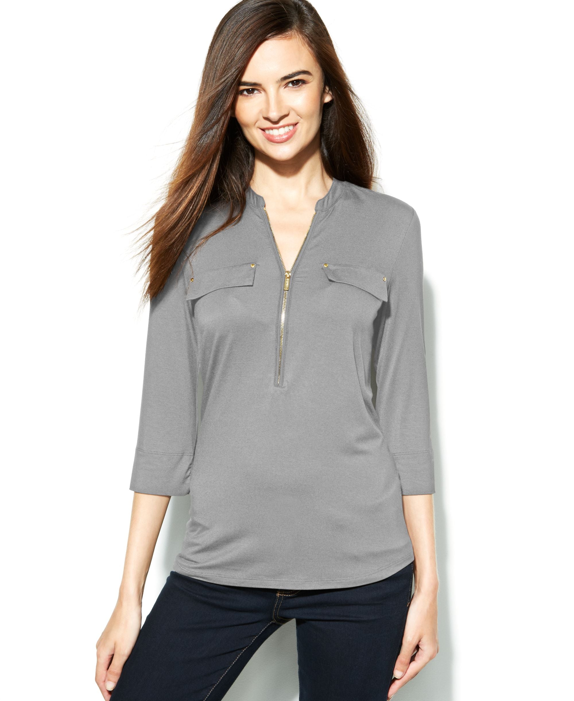 Calvin Klein Roll Tab Sleeve Zip Front Top
