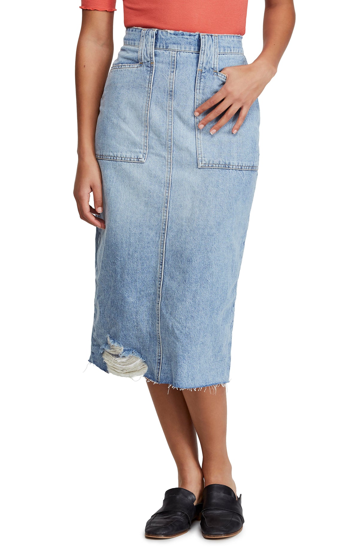 Free People Elisa Pencil Ripped Denim Skirt