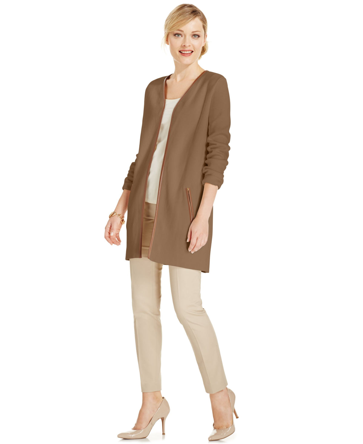 Charter Club Petite Faux Leather Trim Cardigan