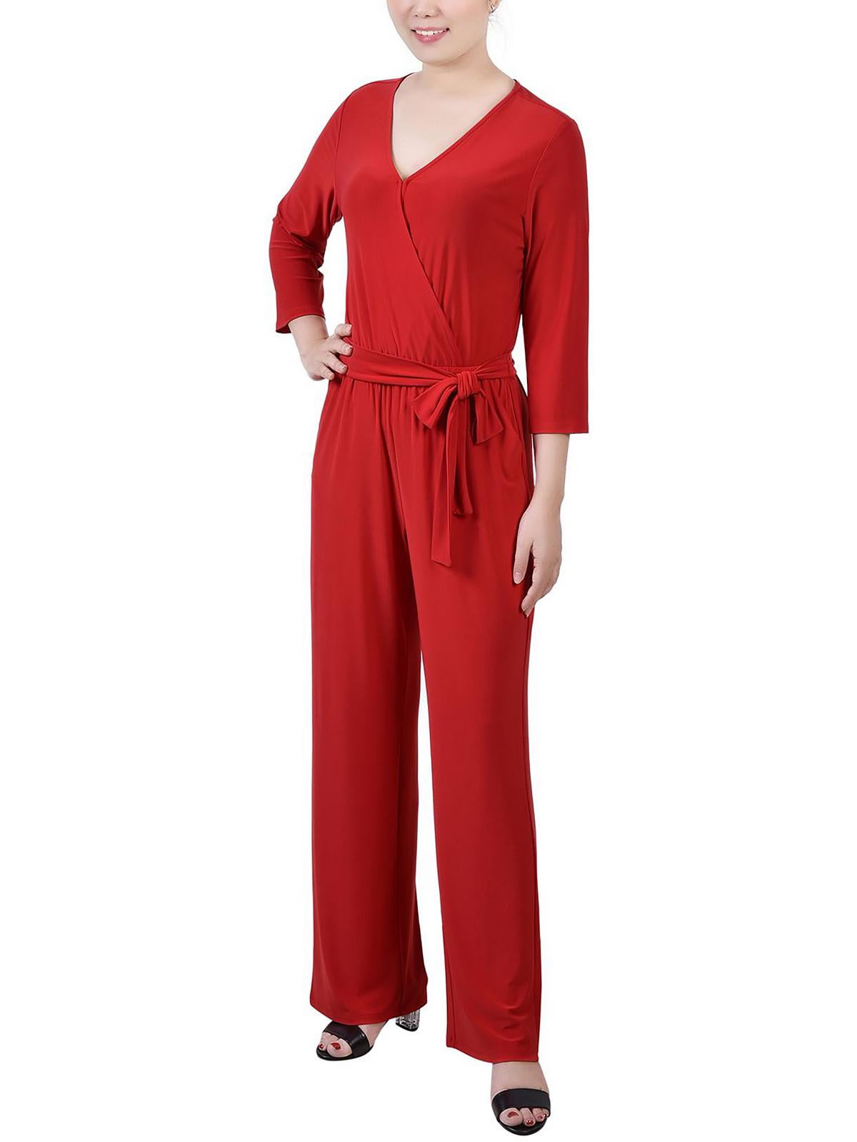 Petite 3/4 Sleeve Belted Wide Leg Jumpsuit