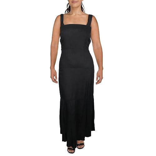 Vince Camuto Womens Smocked Sheer Pullover Unlined Sleeveless Square Neck Maxi Fit + Flare Dress Plus