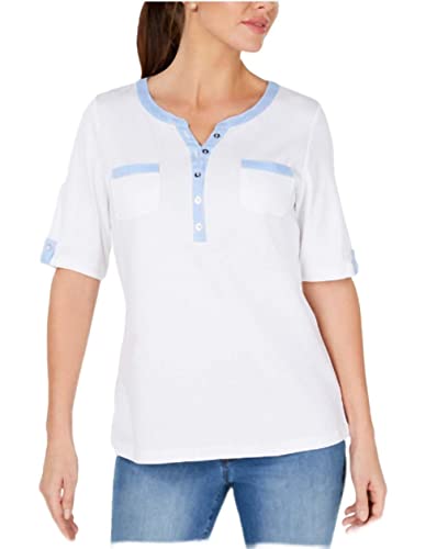 Petite Gingham-Trim Cotton Henley Top